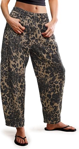 POTILI Women's Barrel Boyfriend Baggy Leopard Print Jeans Mid Rise Cropped Wide 