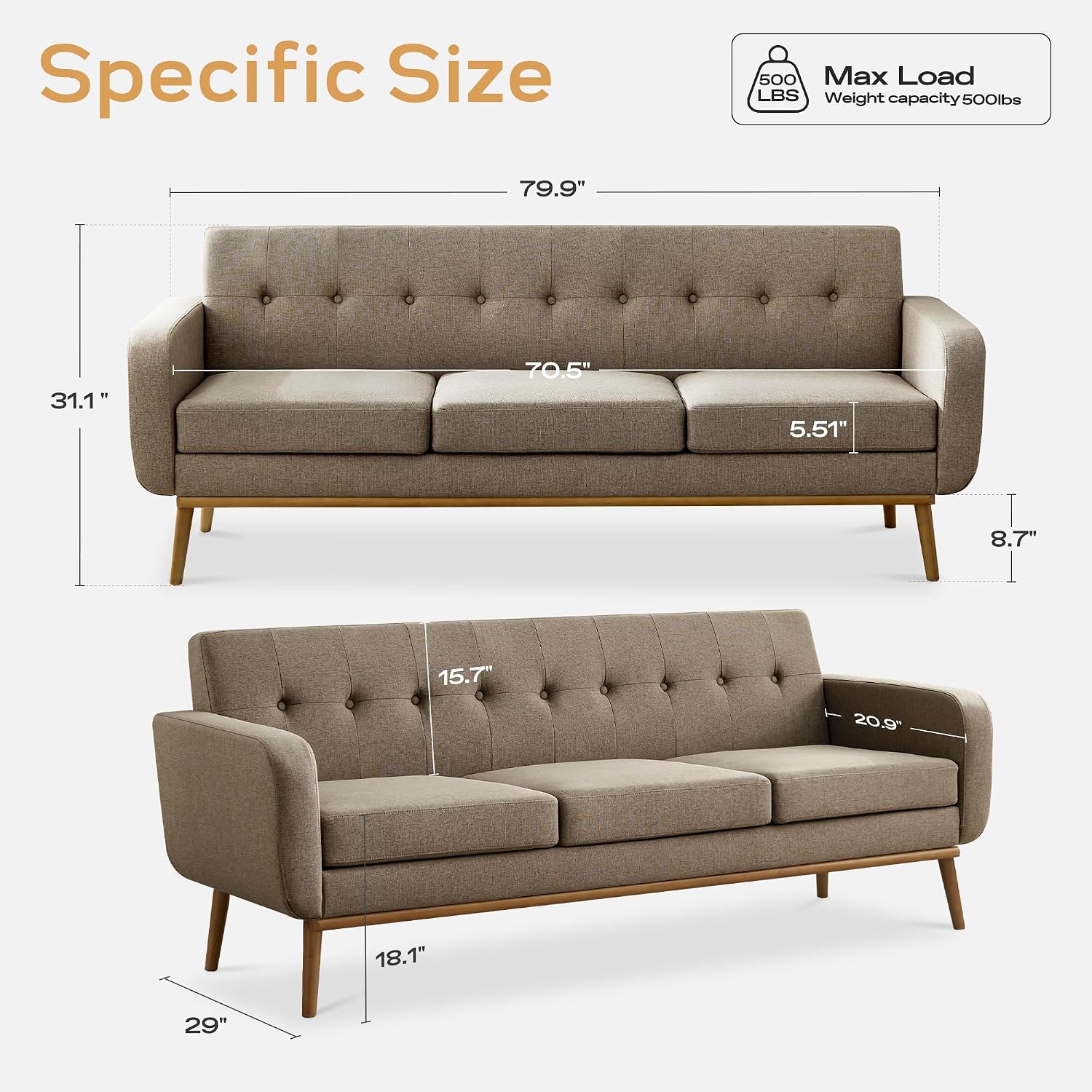 HUIMO Mid-Century Modern Sofa Brown 80 Inch - Solid Wood Frame Button Tufted Living Room Bedroom Office