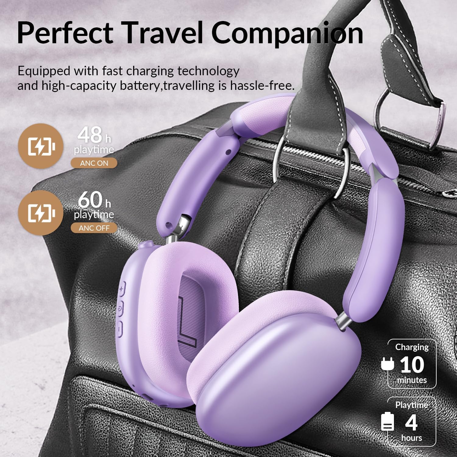 Wentronic Y02 Active Noise Cancelling Headphones,60H Battery,5 EQ Music Modes,Hi-Res Audio,Deep Bass,Foldable Wireless Over Ear Bluetooth 5.4 Headset,Breathable Leather Earpads (Purple) - Image 4