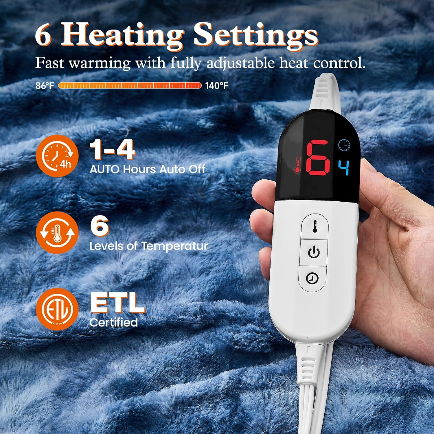 Electric Heated Throw Blanket - Faux Fur Sherpa 50"x60" Fast Heating Bed Blankets Throw with 6 Heating Levels & 4 Hours Auto Off, Over-Heat Protection ETL, Navy Blue - Image 3