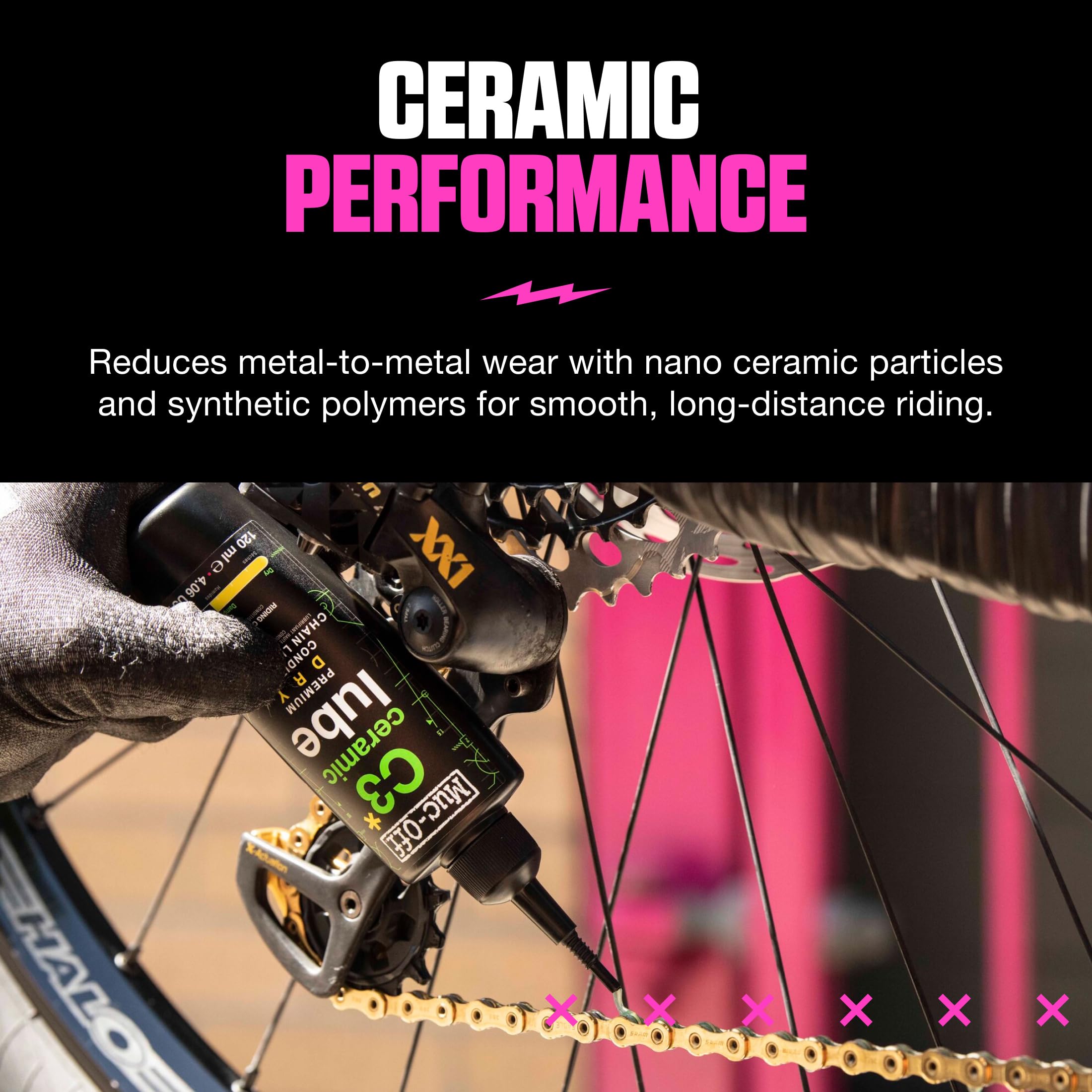 Muc-Off C3 Ceramic Dry Chain Lube, 120 ml - Grasso Ceramico per Catena, Lubrificante Catena Bici con Colorante Tracciante UV - Formulato per Climi Asciutti e Polverosi