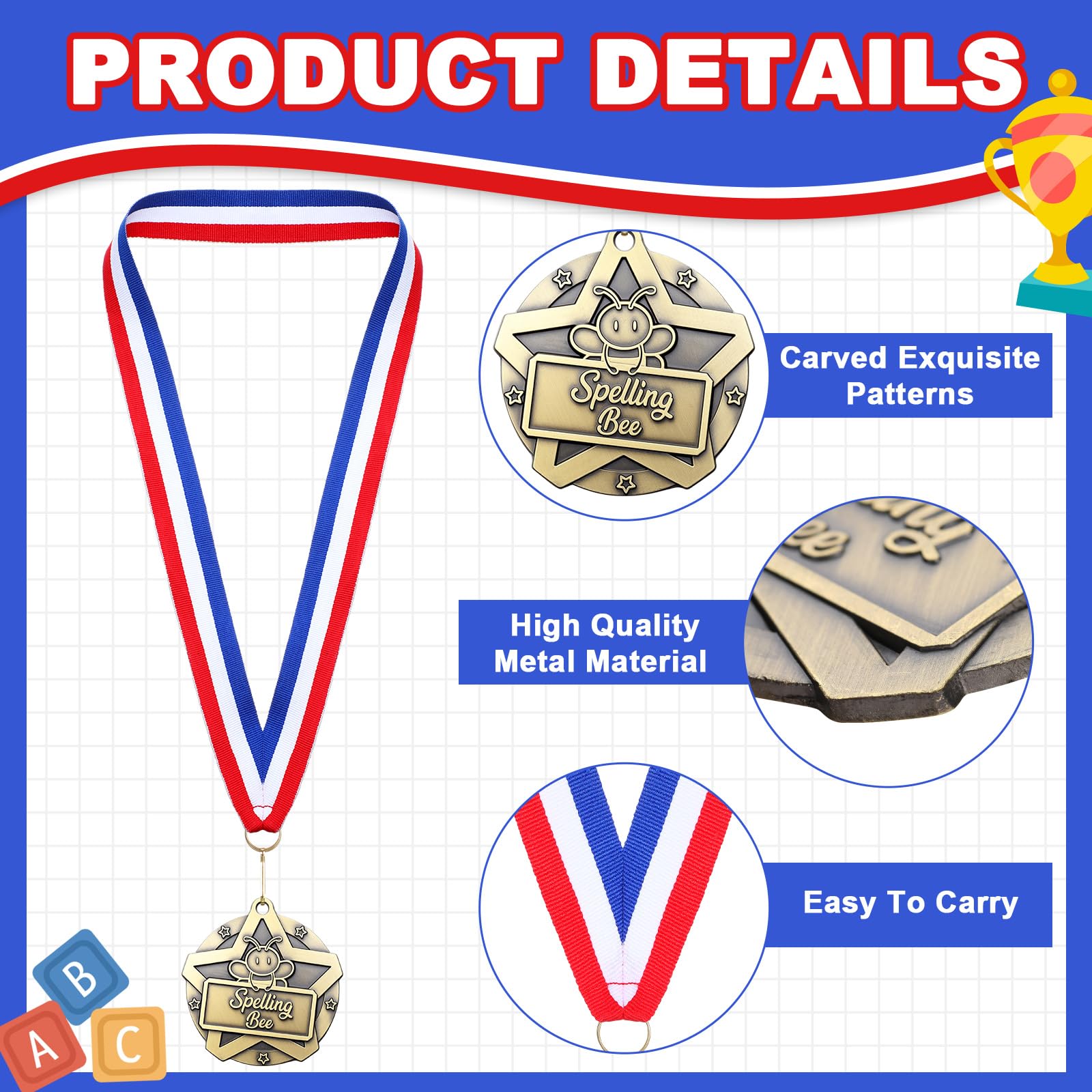 Quelay 30 medaglie premio da 5 cm, medaglie di ortografia sfuse con nastri per il collo, trofeo in metallo, premio regalo per tornei, concorsi, feste, bambini e adulti