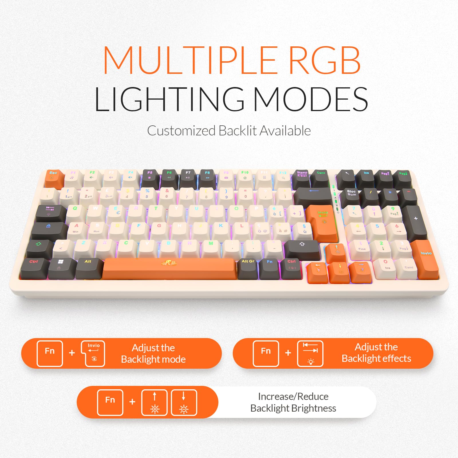 Rii Gaming RK909 - Tastiera meccanica silenziosa con tripla connessione (Wireless + Bluetooth + USB), batteria ricaricabile, retroilluminazione RGB, anti-ghosting, tasti smontabili, cover magnetica