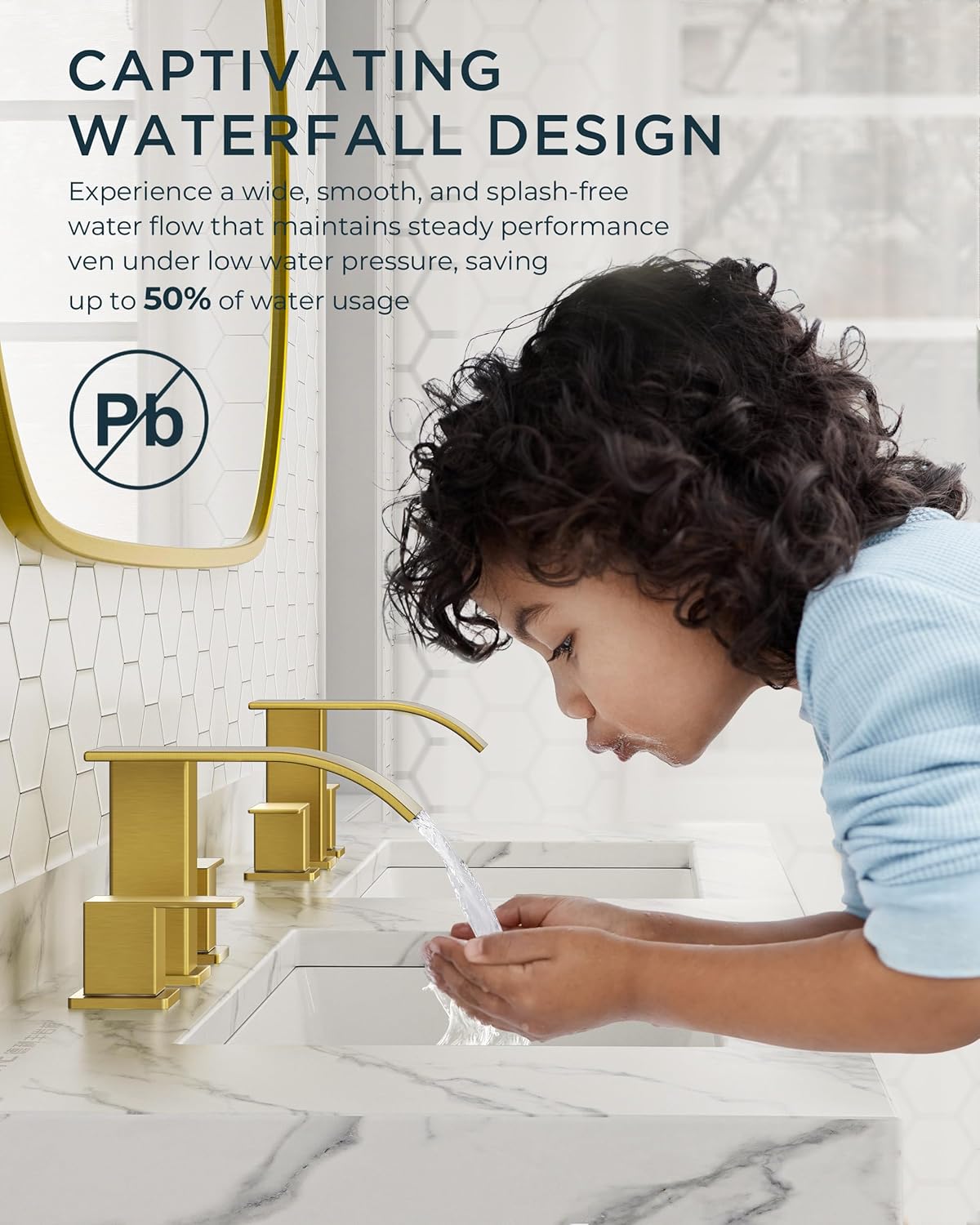 FORIOUS Brushed Gold Bathroom Faucets 3 Hole, Waterfall Square 8 Inch Widespread Bathroom Sink Faucet with Metal Pop-up Drain and Supply Lines, Two Handles for Vanity, Bath, Farmhouse (Pack of 2)