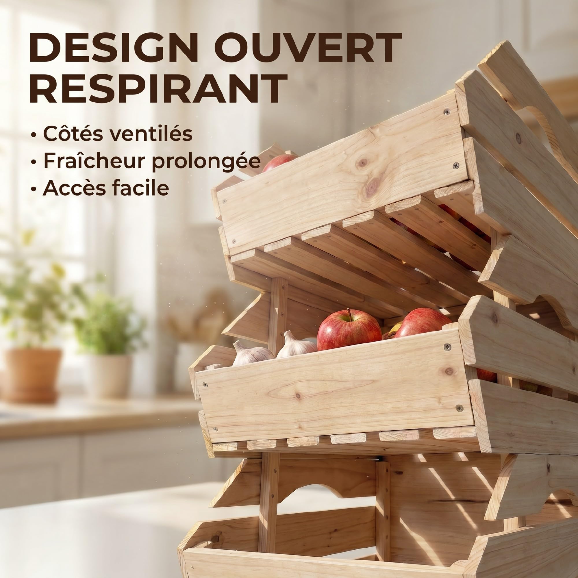 Outsunny Support de Corbeille à Fruits en Bois de Sapin à 3 Niveaux Amovibles, Panier de Rangement pour Légumes Facile à Déplacer, 27x37,5x60cm, Naturel