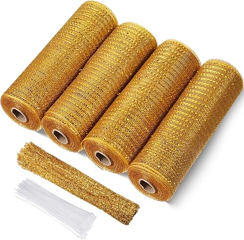 Funtery 4 rollos de malla decorativa de 40 yardas con tallos de chenilla y lazos transparentes para suministros de corona, decoración de árbol de