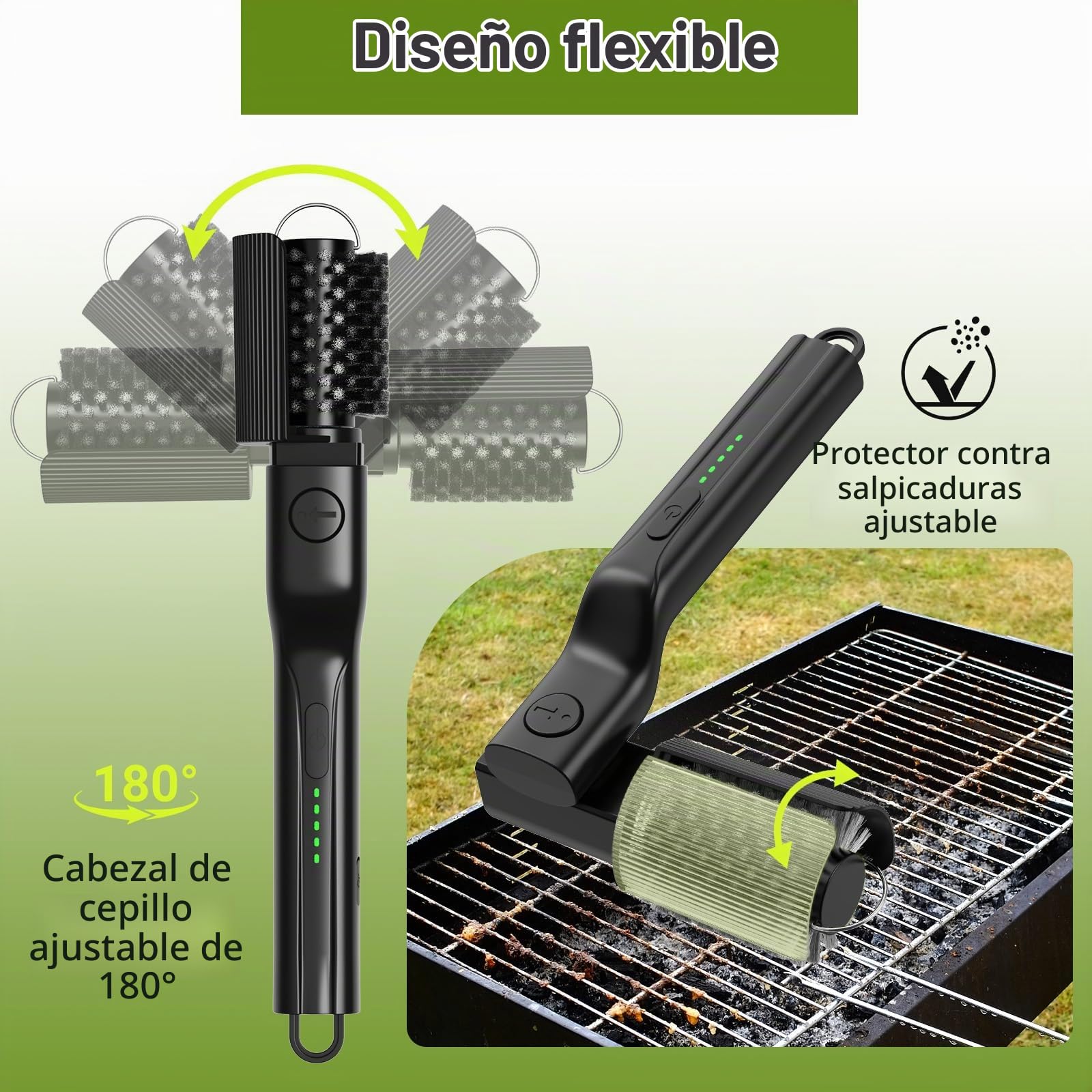 Cepillo Eléctrico para Barbacoa, Cepillo eléctrico para Parrilla con 3 velocidades, 180° Ajustable, 2 Cabezales, 100 Min de Autonomía, Limpiador de Parrilla Inalámbrico para Gas y Carbón