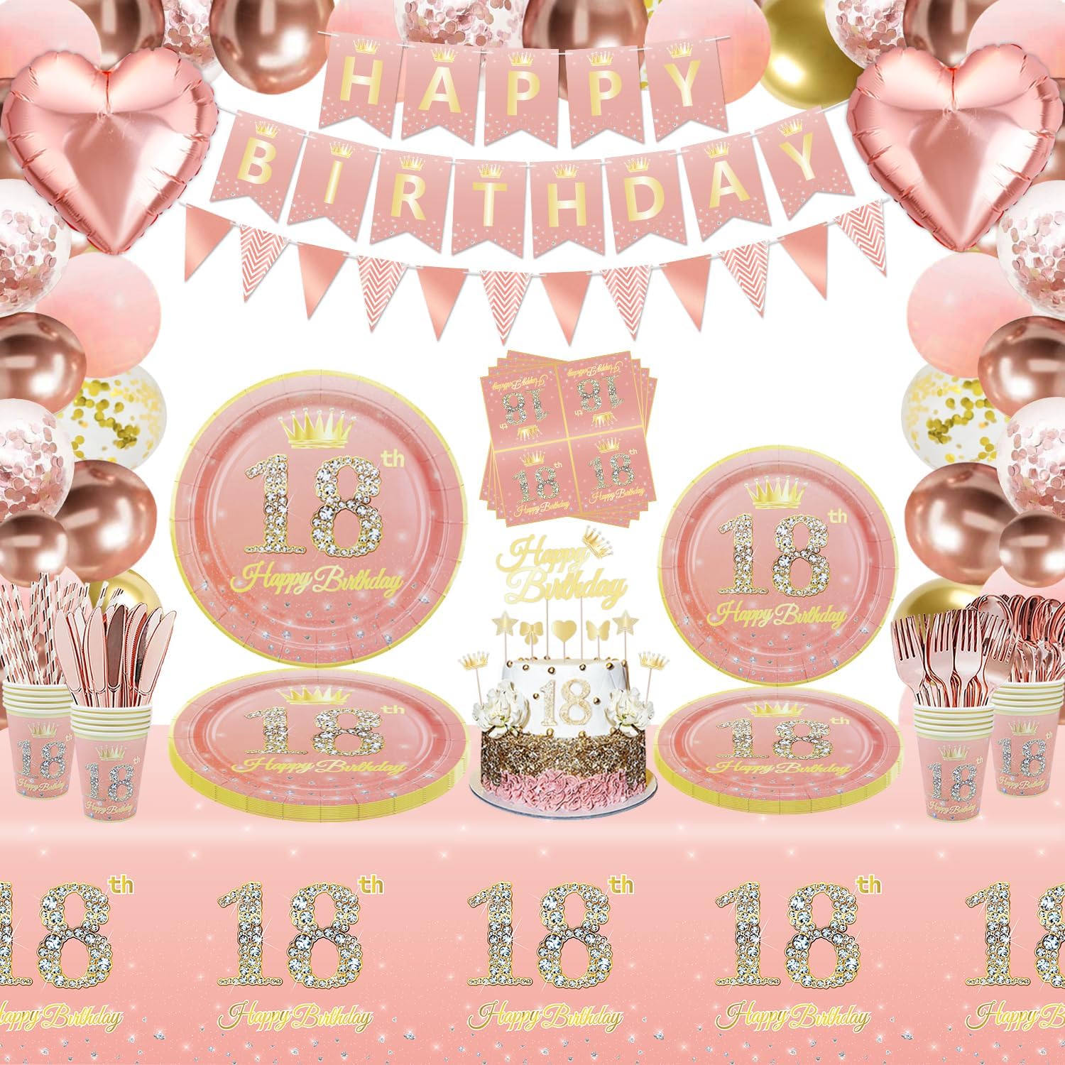 239 piezas de decoración de fiesta de cumpleaños número 18 de oro rosa para niñas, suministros de feliz cumpleaños 18 de oro rosa, juego de vajilla,