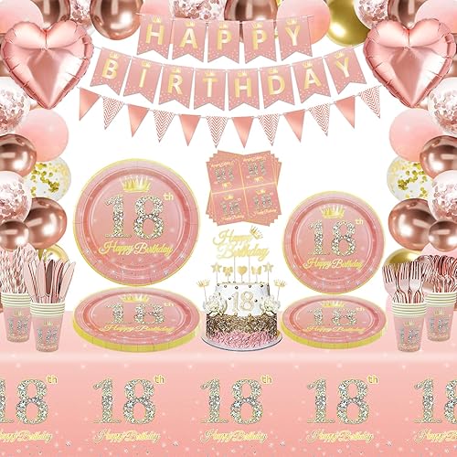 239 piezas de decoración de fiesta de cumpleaños número 18 de oro rosa para niñas, suministros de feliz cumpleaños 18 de oro rosa, juego de vajilla,