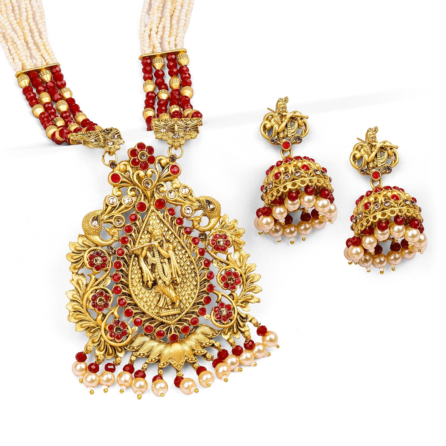 rubans Women's Gold-Toned Lord Krishna Temple Jewellery With White And Red Beads Chain-picture-31