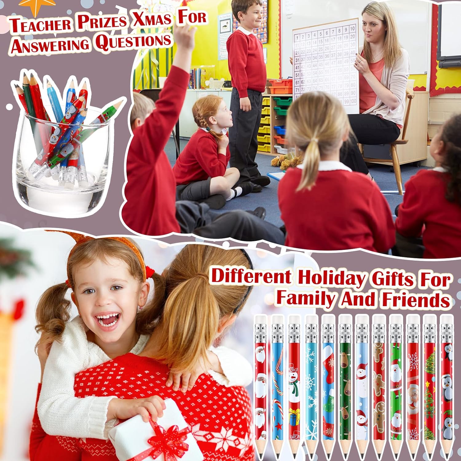 144 Pcs Christmas Pencils for Kids Wood Golf Presharped Pencils with Eraser Snowman Santa Claus Christmas Tree Snowflakes Candy Assortment Stationery Office School Classroom Xmas Party Favor Supplies