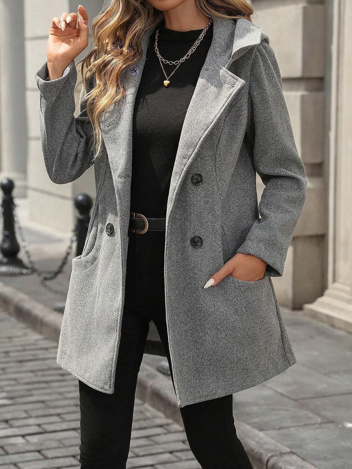 Womens Fashion Trench Outwear Double-Breasted Hooded Coat Jacket Coat
