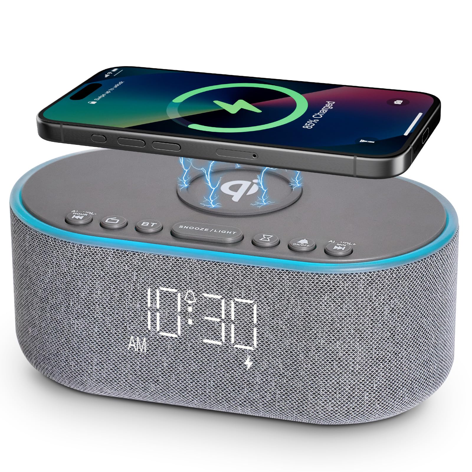 Wireless Charging Alarm Clock Radio: Qi Certified Fast Wireless Charger for iPhone Samsung - 10W Stereo Bluetooth Speaker - Dimmable Digital Clock with FM Radio for Bedroom Gray