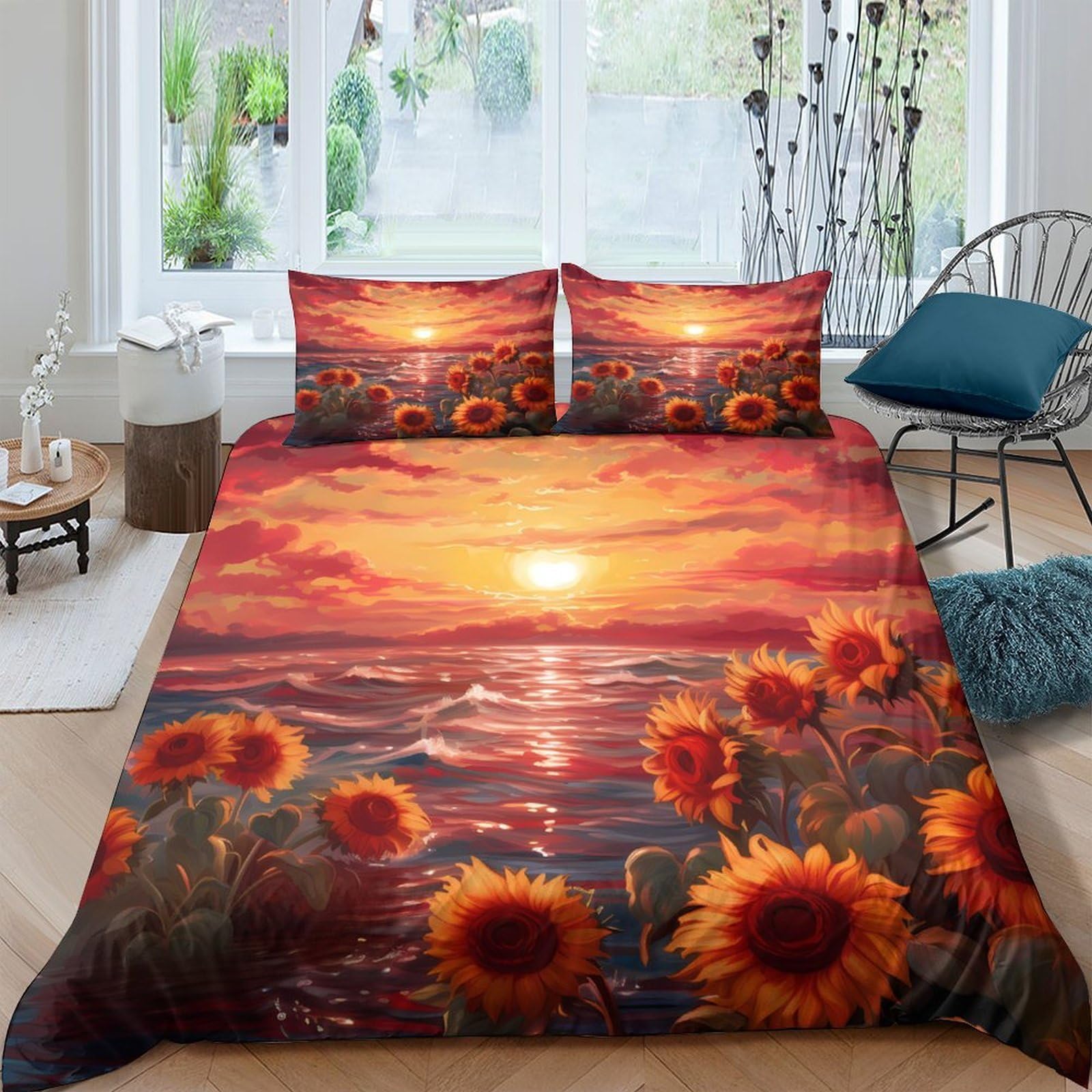 Ctjqhvkz Style-2 3D Printed Sunset Ocean Fitted Sheet Microfiber Sunflower Bed Cover Anti-Slip Washable Bedroom Decor All Ages Single（135X200cm）