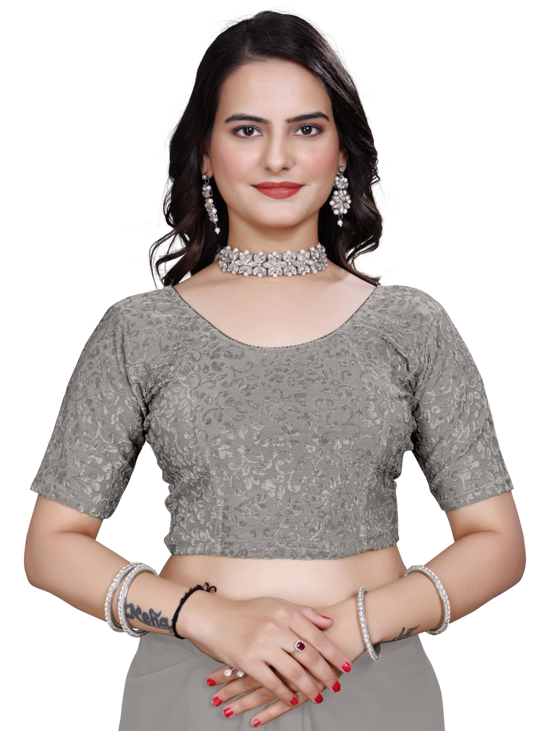 Women's Stretchable Blouse with Round Neck & Half Sleeves | Soft Comfortable Fabric | Perfect, Saree, Lehenga, Skirt | Ready to Wear Ethnic Top for Women & Girls-image-14