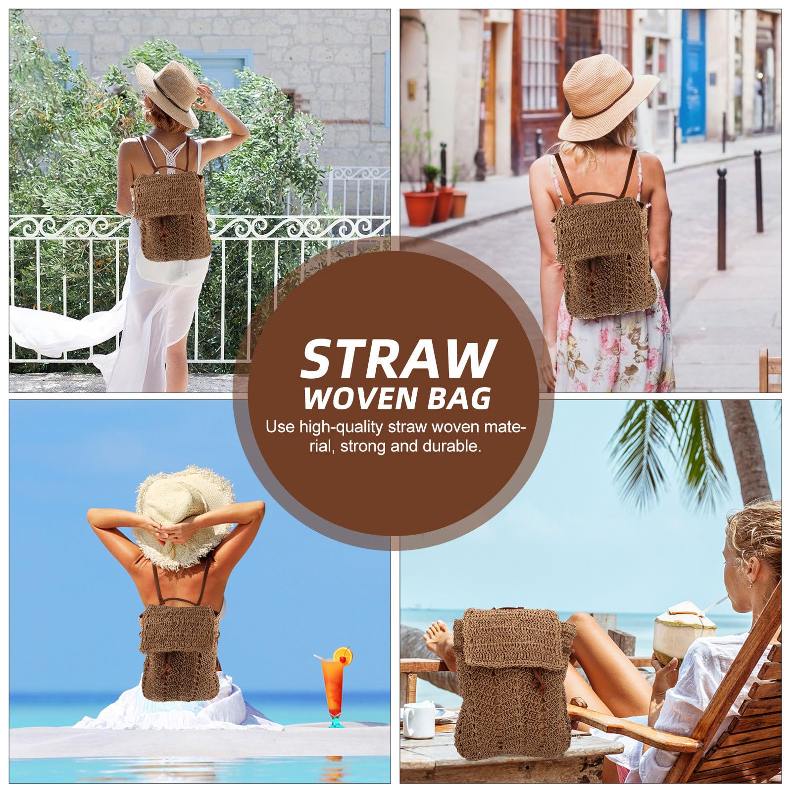 KICHOUSE Bolso de Paja para Mujer, Bandolera y Mochila de Playa