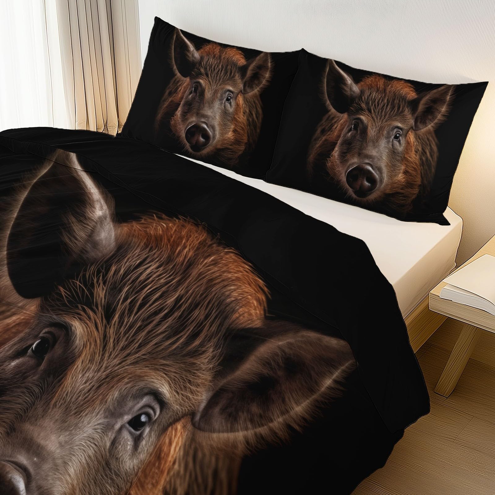 Copripiumino 220 x 240 cm 3 Pezzi in Cinghiale, documentario sul tono scuro con Chiusura e Federa copripiumino in microfibra Set di Biancheria da Letto di Stile Elegante, Marrone e nero