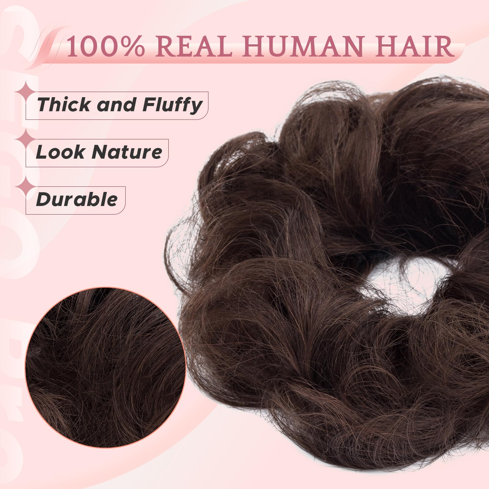 SEGO Pro Real Human Hair Messy Bun Scrunchie, Donut Bun Hair Piece for Women - Curly, 2# Dark Brown, Pack of 1 - Image 2