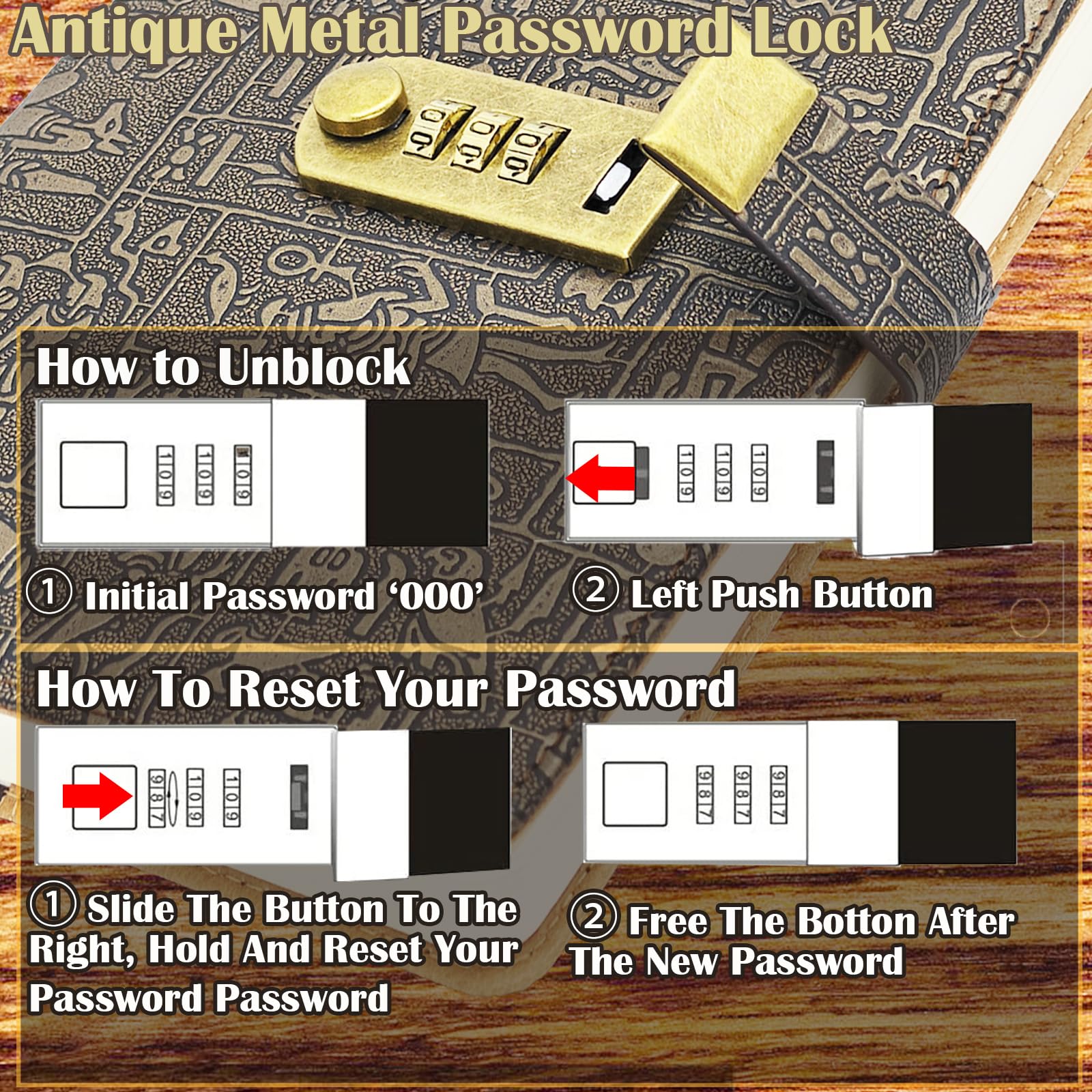 LIMEQKI Notebook Leather With Lock, A5 Retro Vintage Adult Diary With Code - Image 3