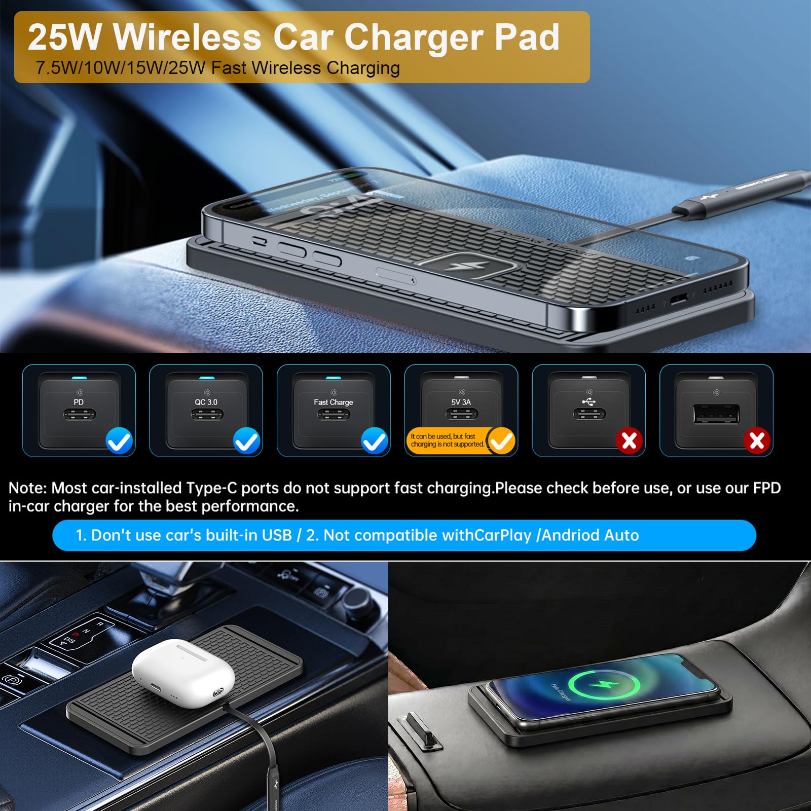 POLMXS Caricabatterie wireless da 25 W per auto, tappetino di ricarica wireless fai da te compatibile con iPhone 17/16 (25 W)/15/14/13/12 (7,5 W) (P21)