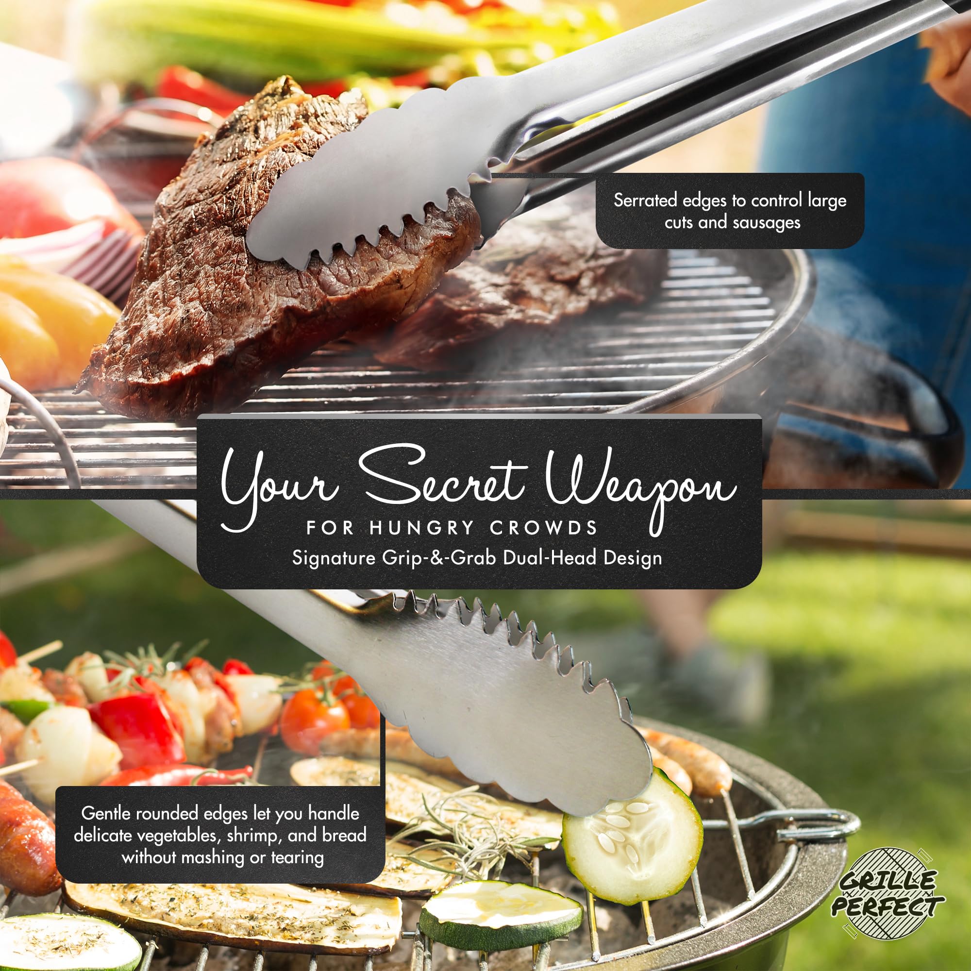 Super lange (61 cm) Edelstahlzange zum Grillen - robustes Metall-Grillbesteck, Gas- und Holzkohlegrill, Chelf Küche Essen Servieren Grillwerkzeuge Silikongriff Fleisch Greifen & Braten