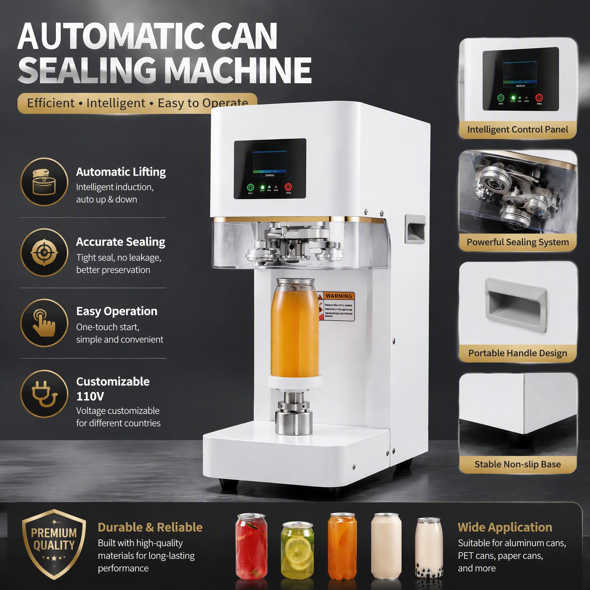 Sigillatrice Elettrica Commerciale in Acciaio Inox da Tavolo Attrezzatura Saldatura Rapida Antigoccia per Lattine Soda Birra Bevande Vetro PET - Negozi Tè al Latte Bar Ristoranti