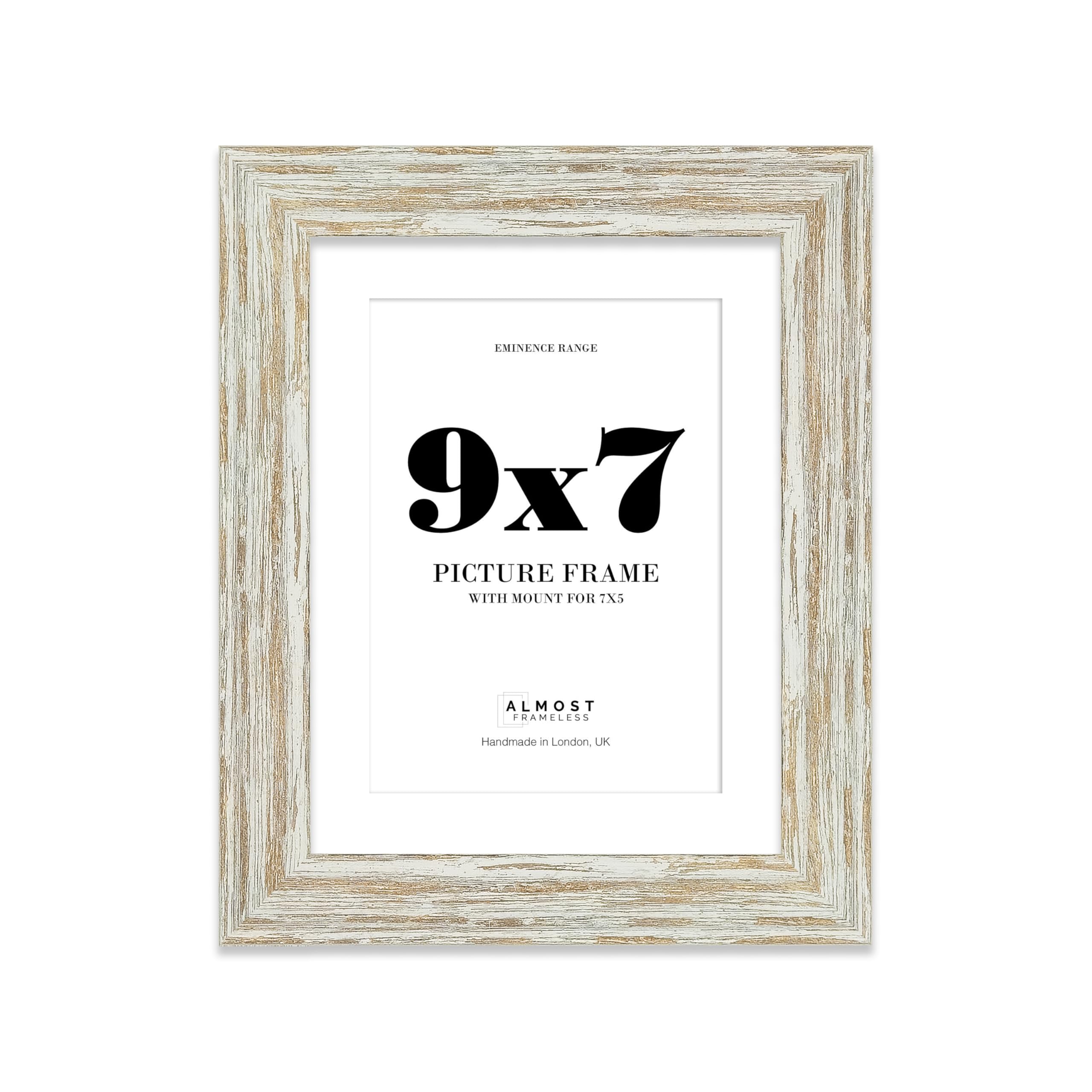 9x7" Distressed White Oak Picture Frame with 7x5" Mount - Weathered Photo Frame with Distressed Finish, Wall Hooks and Kickstand, 32mm Edge - 1 Pack