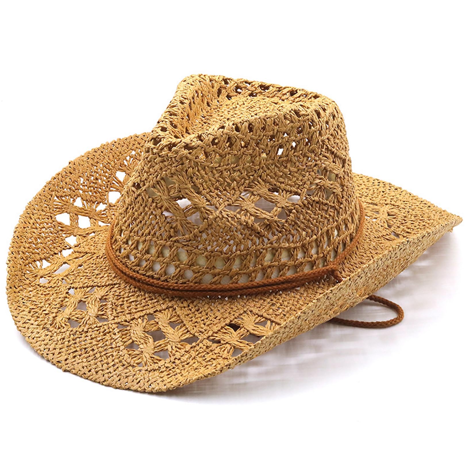 Grsrkep Straw Cowboy Hat Wide Brim Western Straw Cowgirl Hat Woven Breathable with Chin Strap Sun Protection Khaki Cowboy for Seaside Beach Picnic
