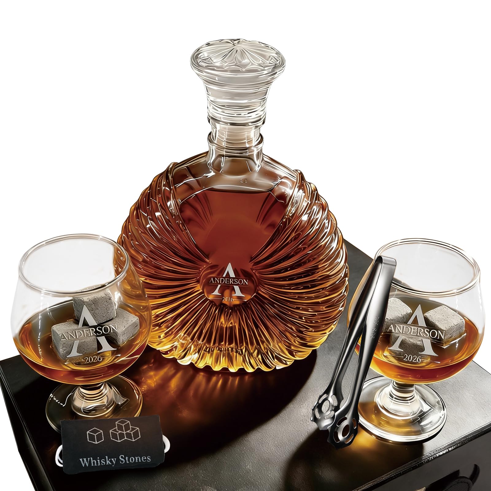 Personalized Whiskey Decanter Set - Custom Engraved Liquor Decanter (18oz/26oz) for Men & Dad, Includes Chill Stones & Tongs