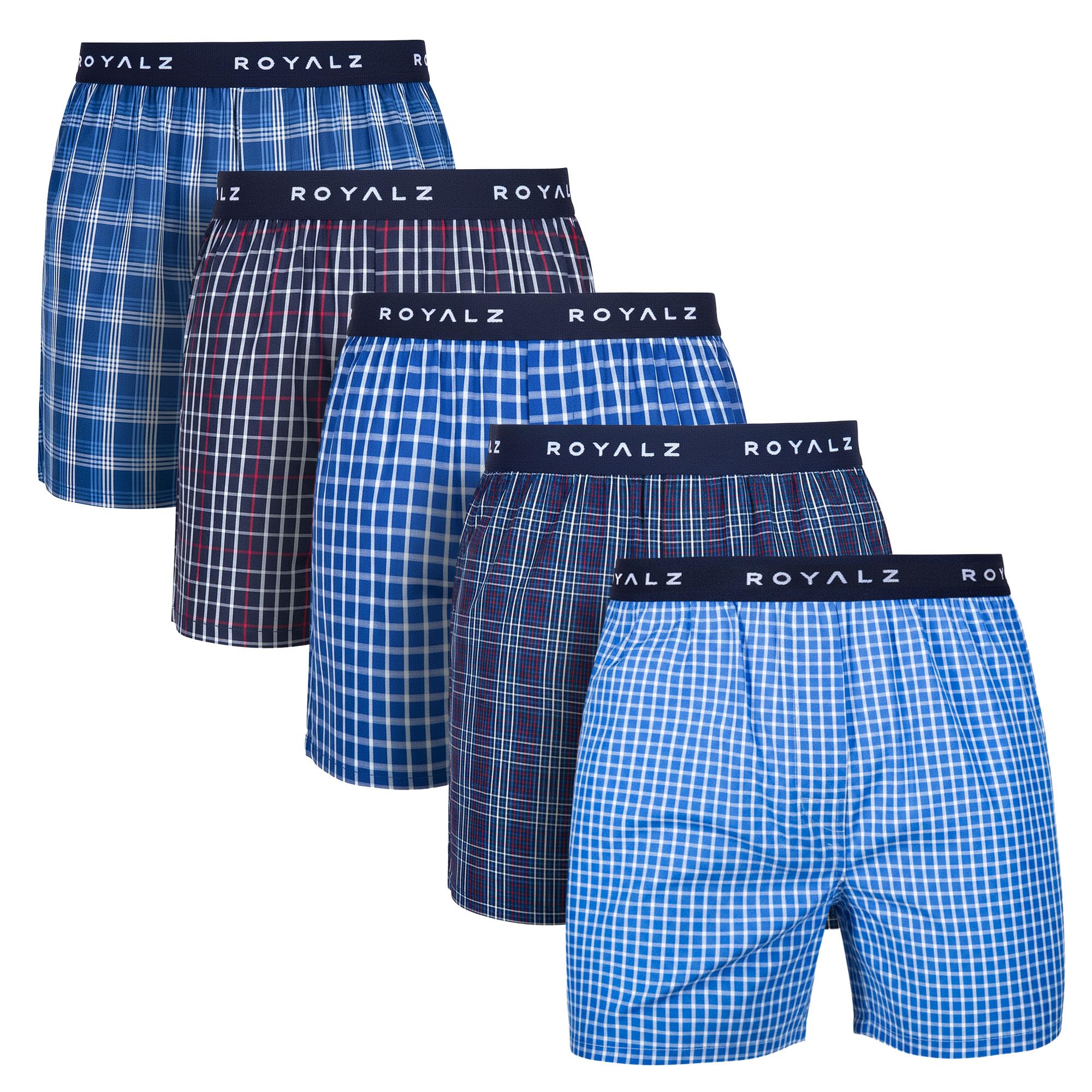 ROYALZ Boxershorts American Style für Herren 5er Pack - Weite Männer Unterhosen Baumwolle klassisch Blau Kariert Unterwäsche
