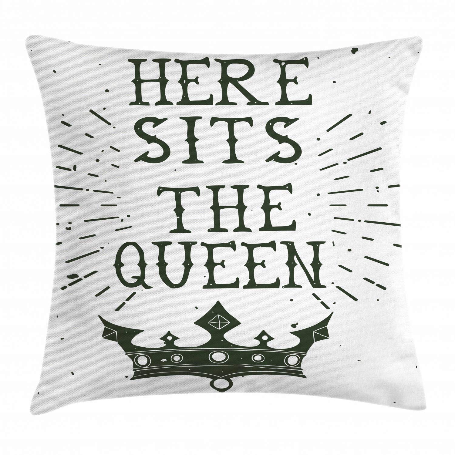 ABAKUHAUS Queen Throw Pillow Cushion Cover, Vintage Grunge Here Sits the Queen Words Antique Crown Royalty Theme Hipster, Decorative Square Accent Pillow Case, 18 X 18 Inches, Charcoal Grey White