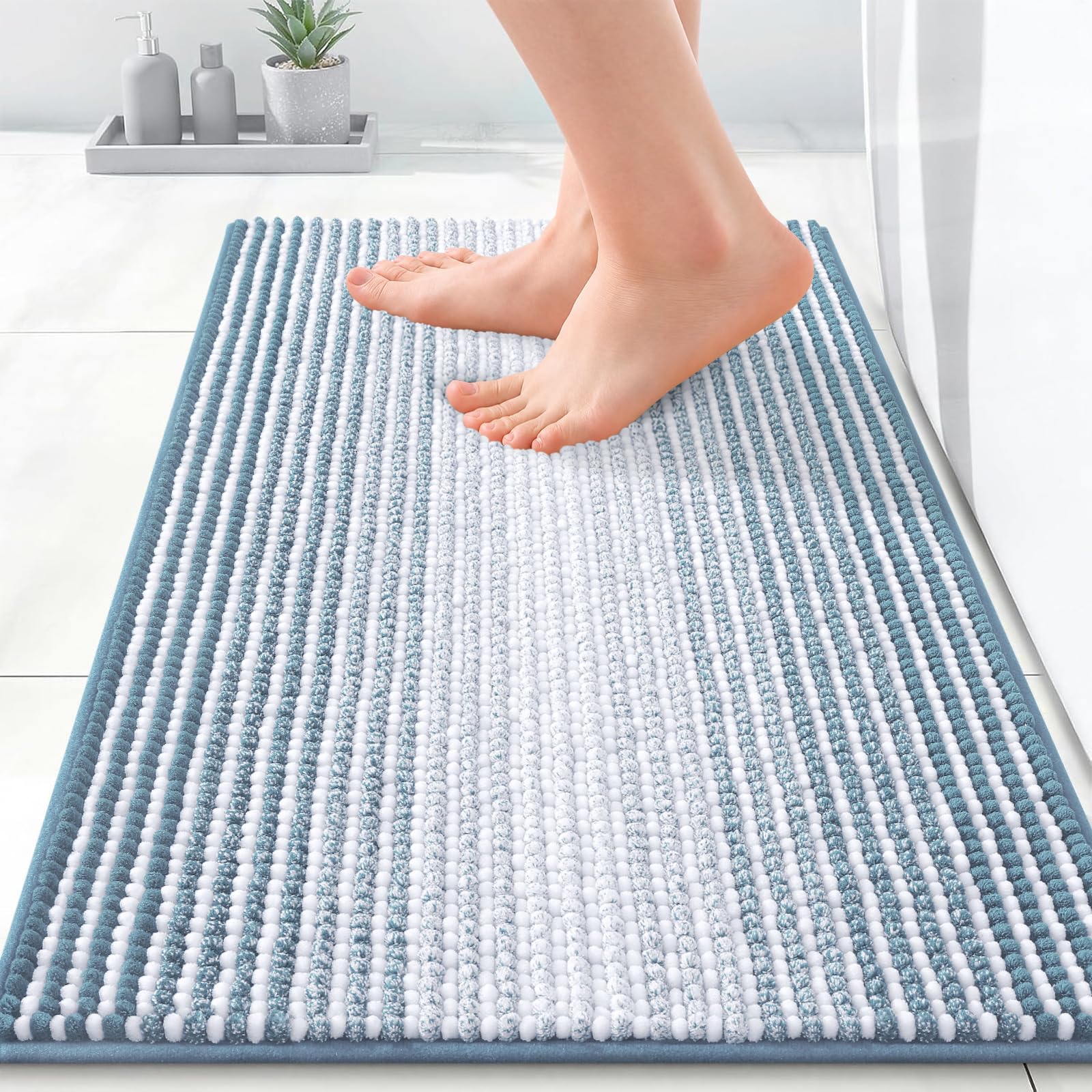 OLANLY Small Bathroom Rugs 24x16, Chenille Striped Bath Rugs, Airy Blue