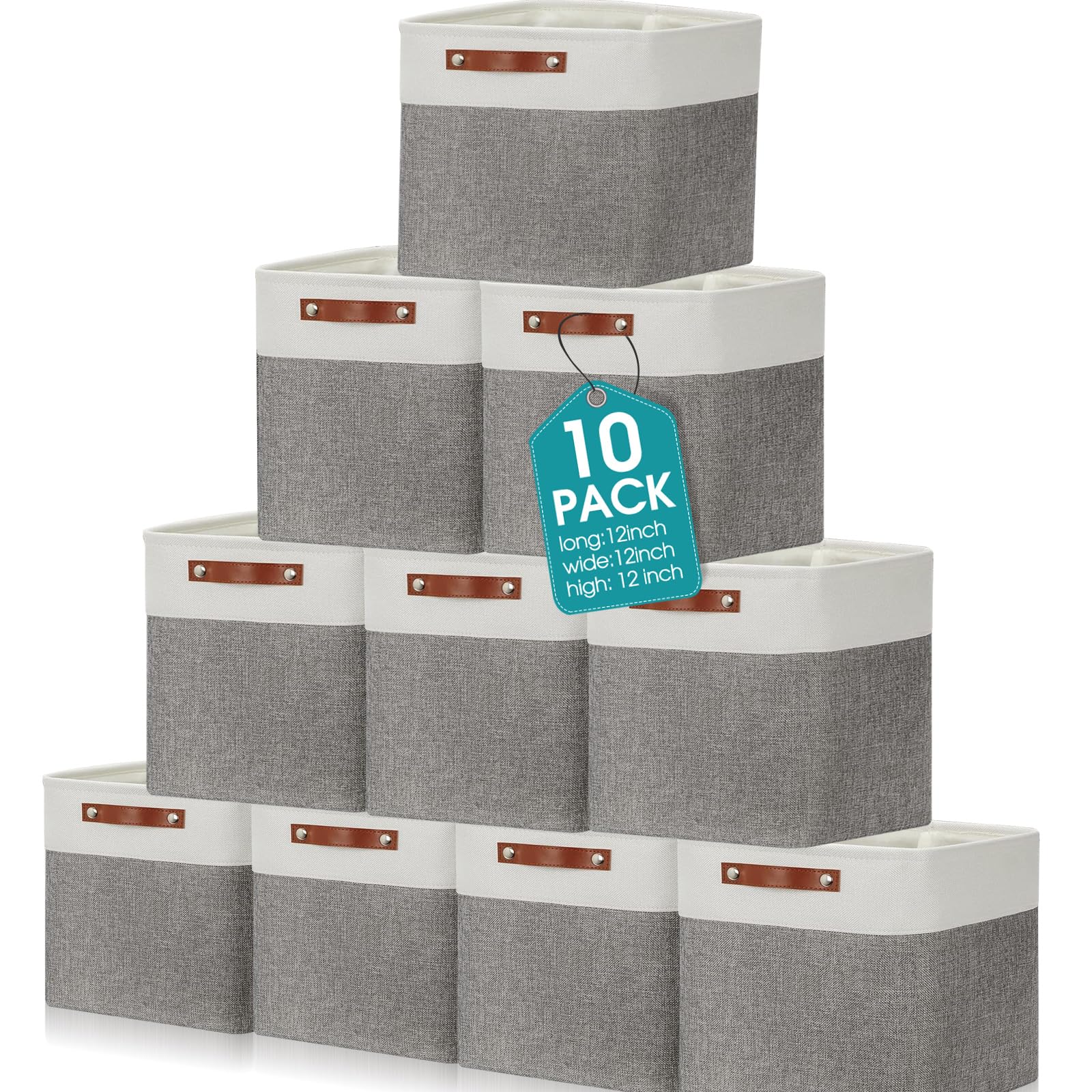 Uiifan 10 cestini portaoggetti pieghevoli in tessuto, con manici, in lino, per scaffali, casa, armadio, asilo nido e giocattoli (grigio e bianco, 30,5 x 30,5 x 30,5 cm)