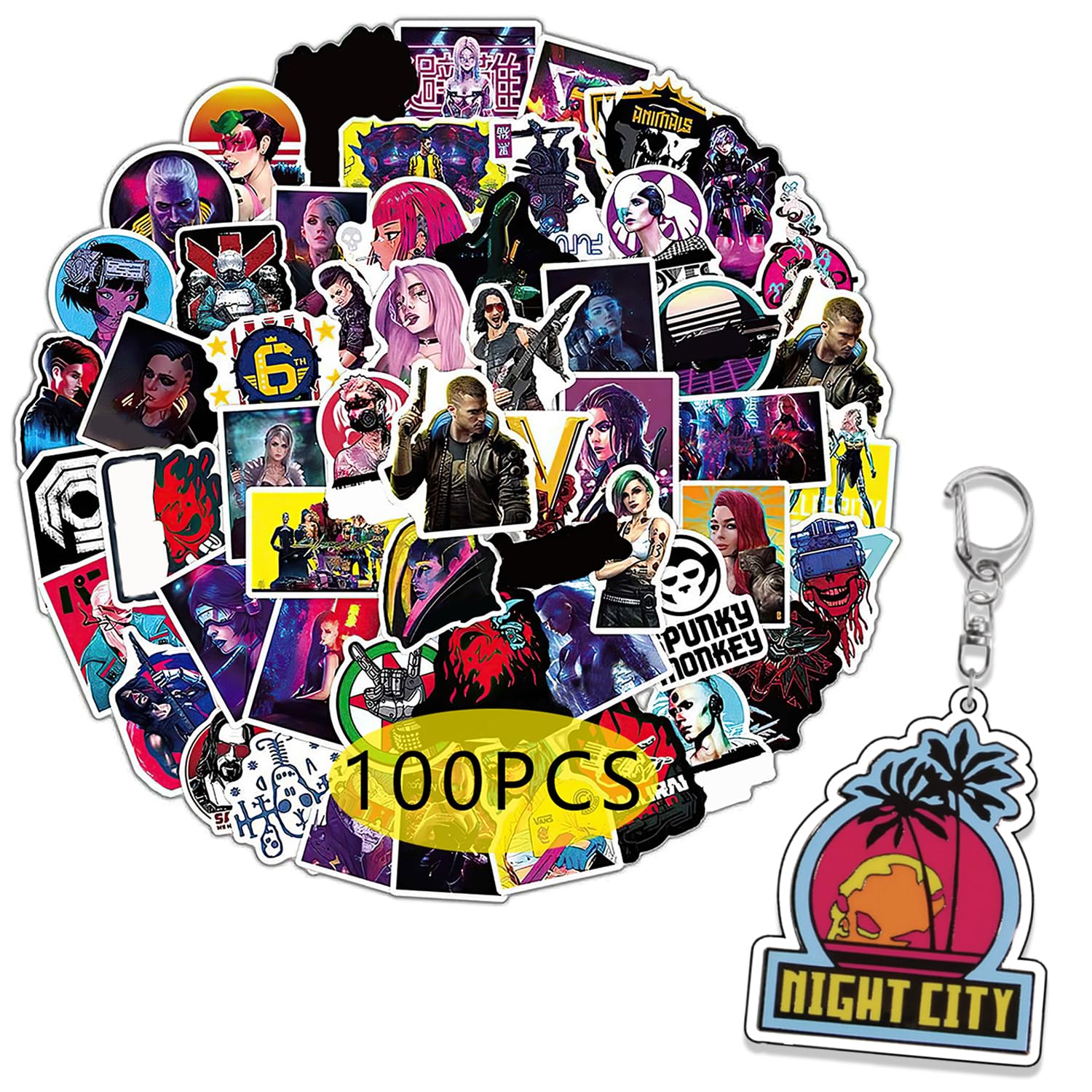 Pounchi City Game Stickers (100 Pcs with Keychain Pendant) Video Game PVC Sticker, Gifts for Laptop Water Bottle Skateboard Party Supplies Decorations