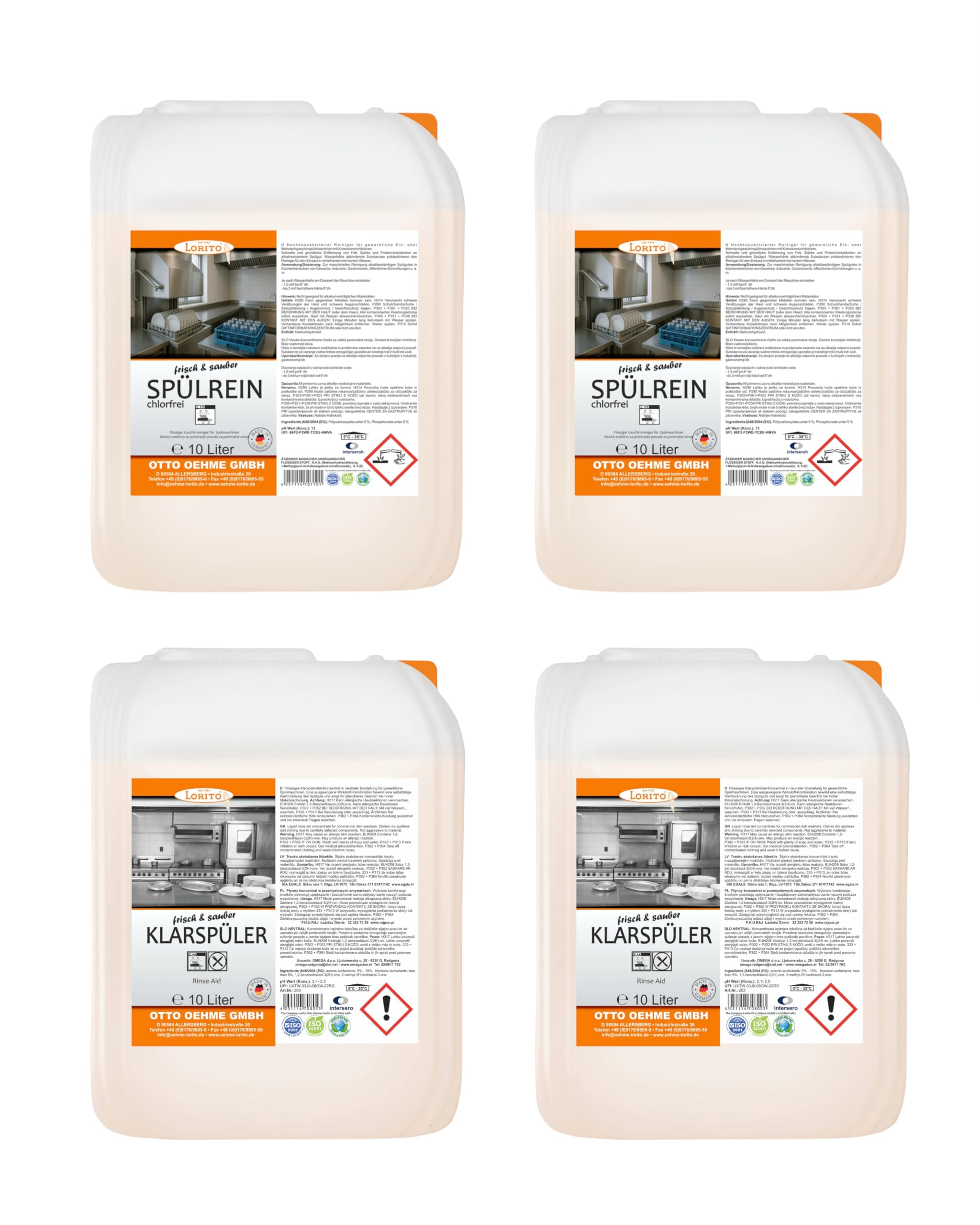Lorito Set frisch & sauber Spülrein Spülmaschinenreiniger 2 x 10 L & Klarspüler für Spülmaschine 2 x 10 L - Profi-Reinigungsmittel gegen hartnäckige Verunreinigungen