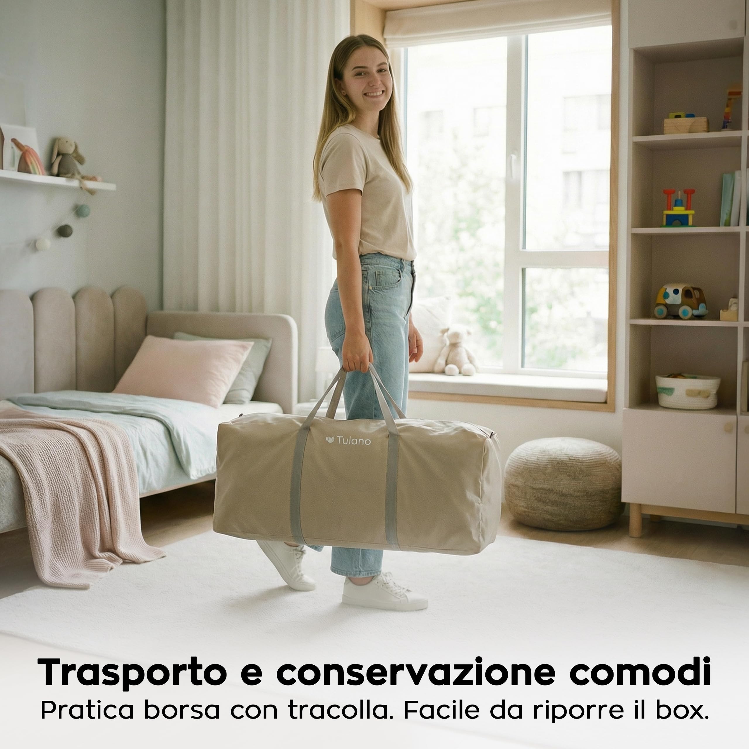Tulano Cozy 22 Box per Bambini 120x180 cm - Recinto Neonato con Fondo | 6-36 mesi - Struttura in Metallo – Rete Traspirante – Porta con Cerniera – Borsa Inclusa – Casa e Giardino – Beige