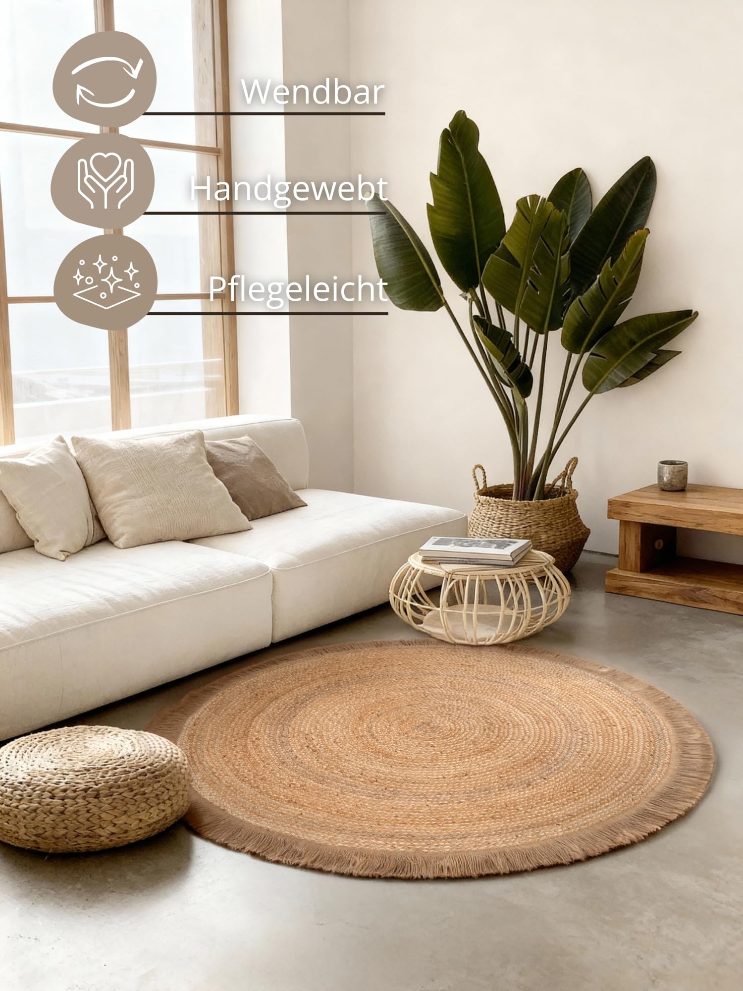 Hanse Home Nuru Juteteppich - Natur Wohnzimmereppich Rund aus 100% Jute, Handgewebt mit Fransen - Robust & Pflegeleicht - Boho Naturfaser Teppich für Wohnzimmer, Schlafzimmer - Natur Gold, Ø150cm