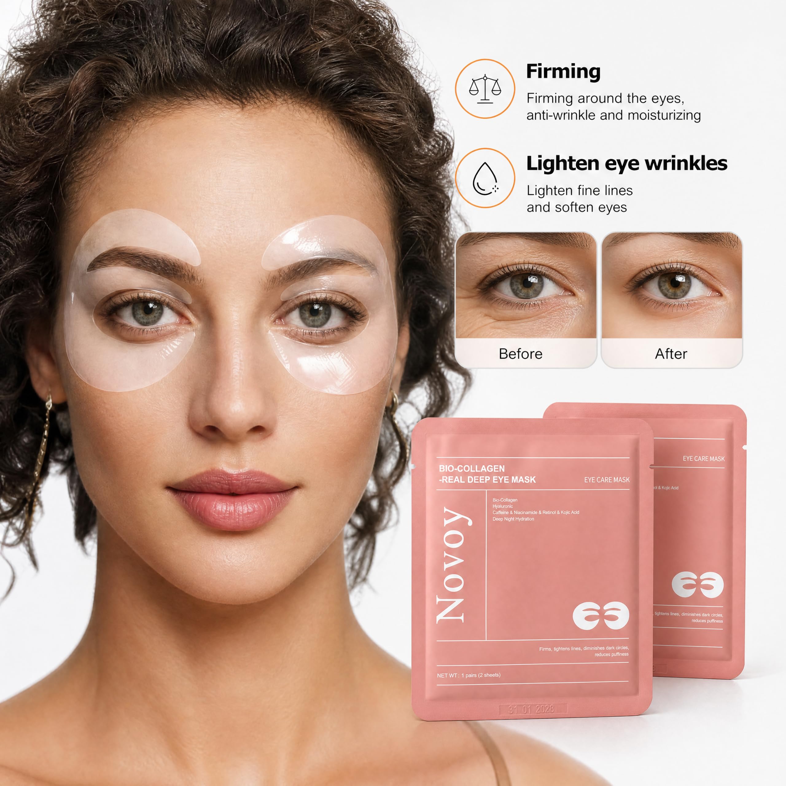 Novoy Bio-Collagen Real Deep, Nachtpflaster mit Retinol, 6-in-1 für Augenringe, Taschen und Falten, 2 % Koffein + Hyaluronsäure + Niacinamid, koreanische Maske P