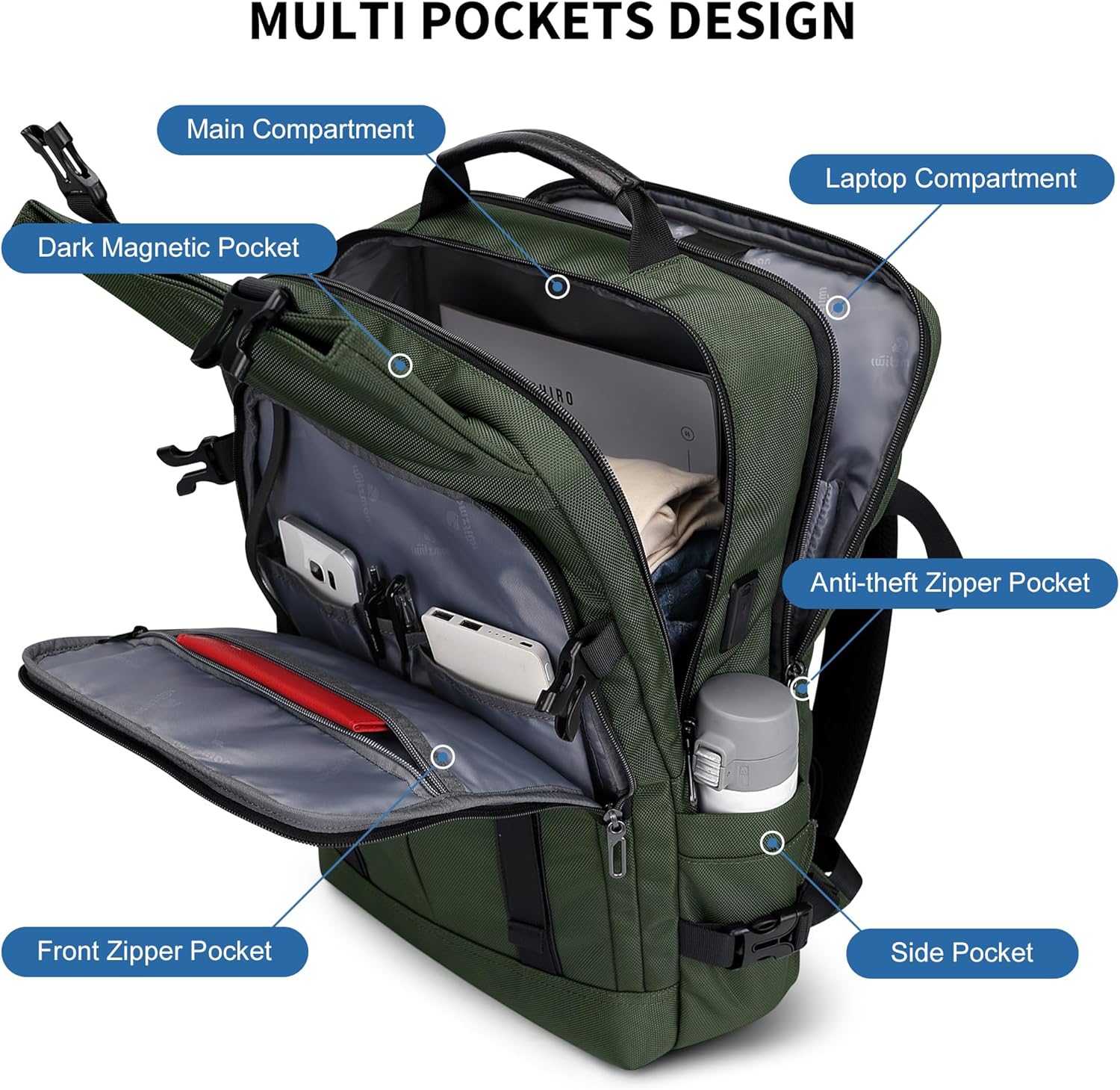WITZMAN Travel Laptop Backpack for Men Fit 16 inch Computer Carry-on Airline Approved with USB Charging Port(B716 Army Green)