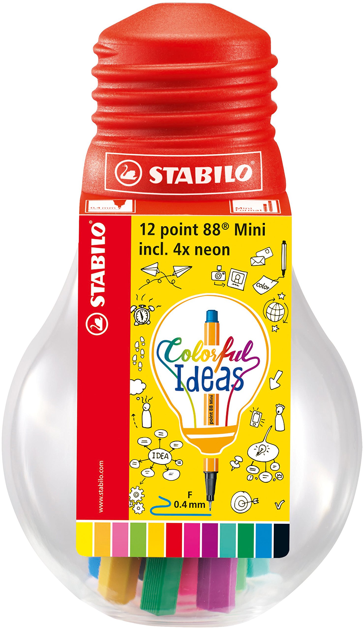 Fineliner - STABILO Point 88 Mini - Colorful Ideas - Pack of 12 - Assorted Colors in a resealable Bulb