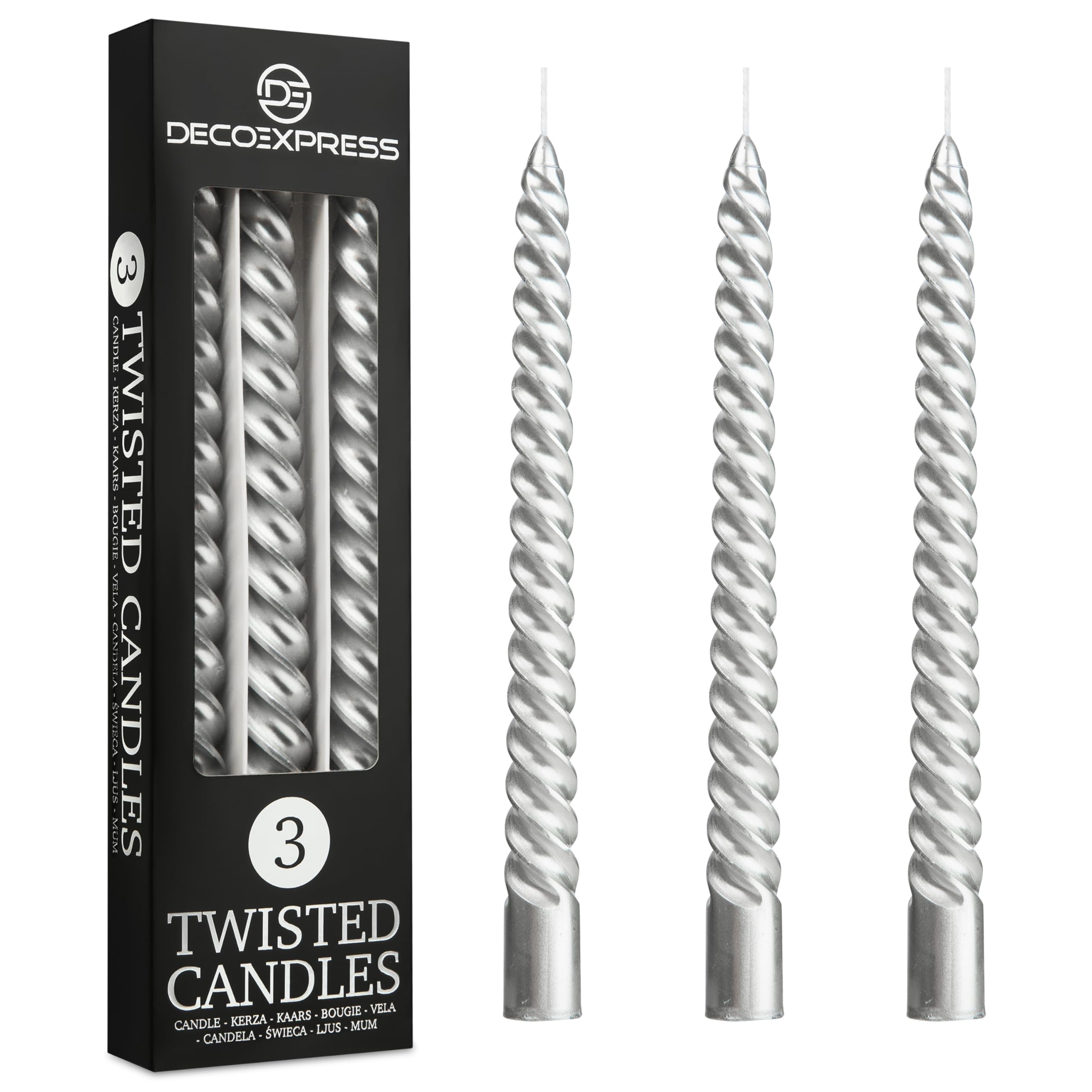 DECO EXPRESS Velas Decorativas, Pack Velas de 3 o 6, Velas Larga Duracion Quemado 6 horas, Sin Aroma (Plata, Paquete de 3)