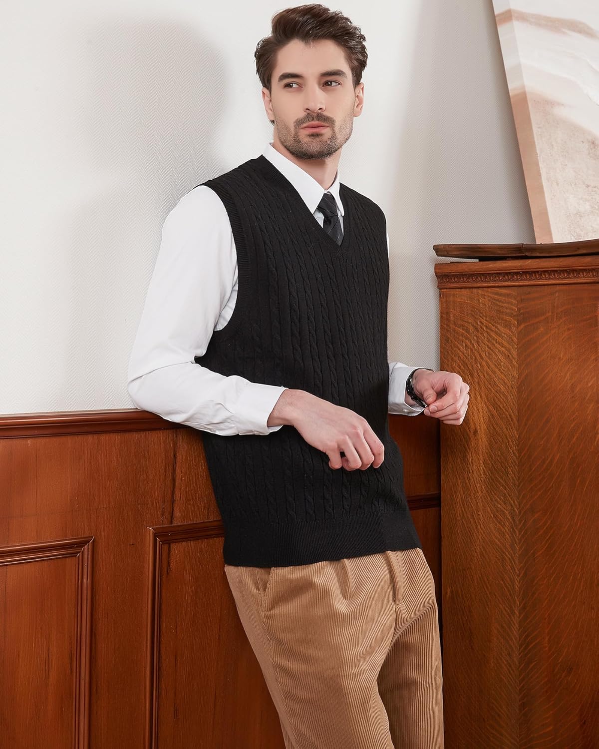 Kallspin Men’s Wool Blended Cable Knit Sweater Vest V Neck Relaxed Fit Sleeveless Pullovers - Image 6