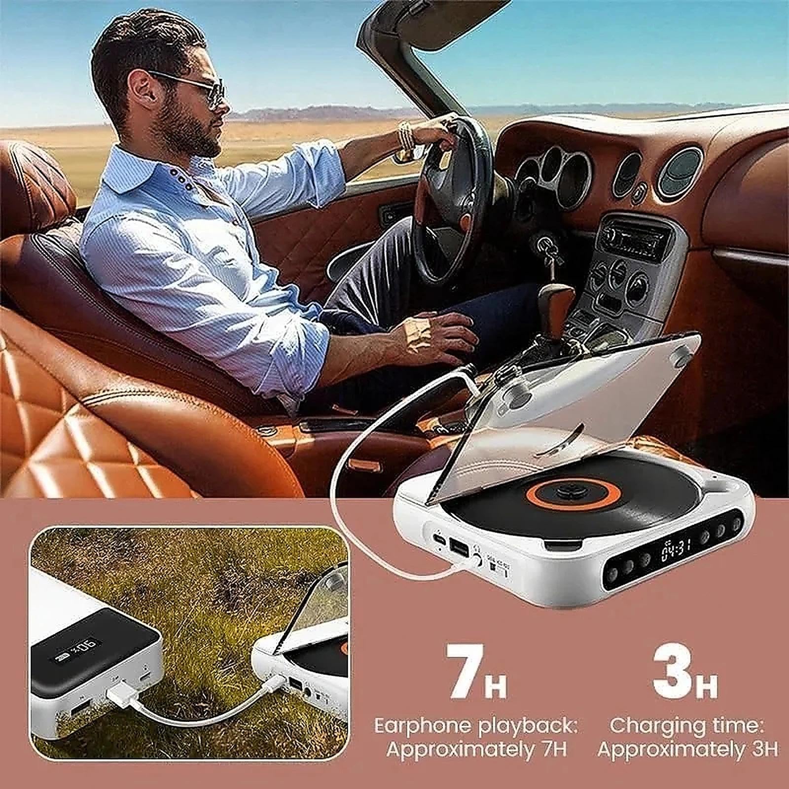 Lettore CD portatile con Bluetooth 5.3, mini lettore CD ricaricabile con altoparlanti HiFi, supporto USB e AUX, compatto per casa, viaggi e ufficio