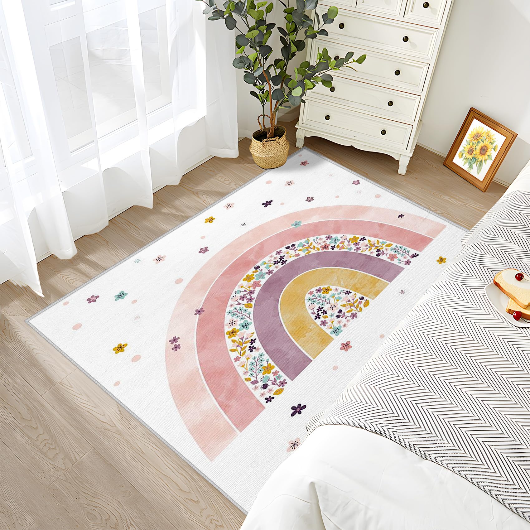 Regenbogen Deko, Kinder Teppich 100x150 Kurzflor, Teppich Wohnzimmer Süße, Weich rutschfest Waschbare Teppiche, Bettvorleger Schlafzimmer Kinderzimmer