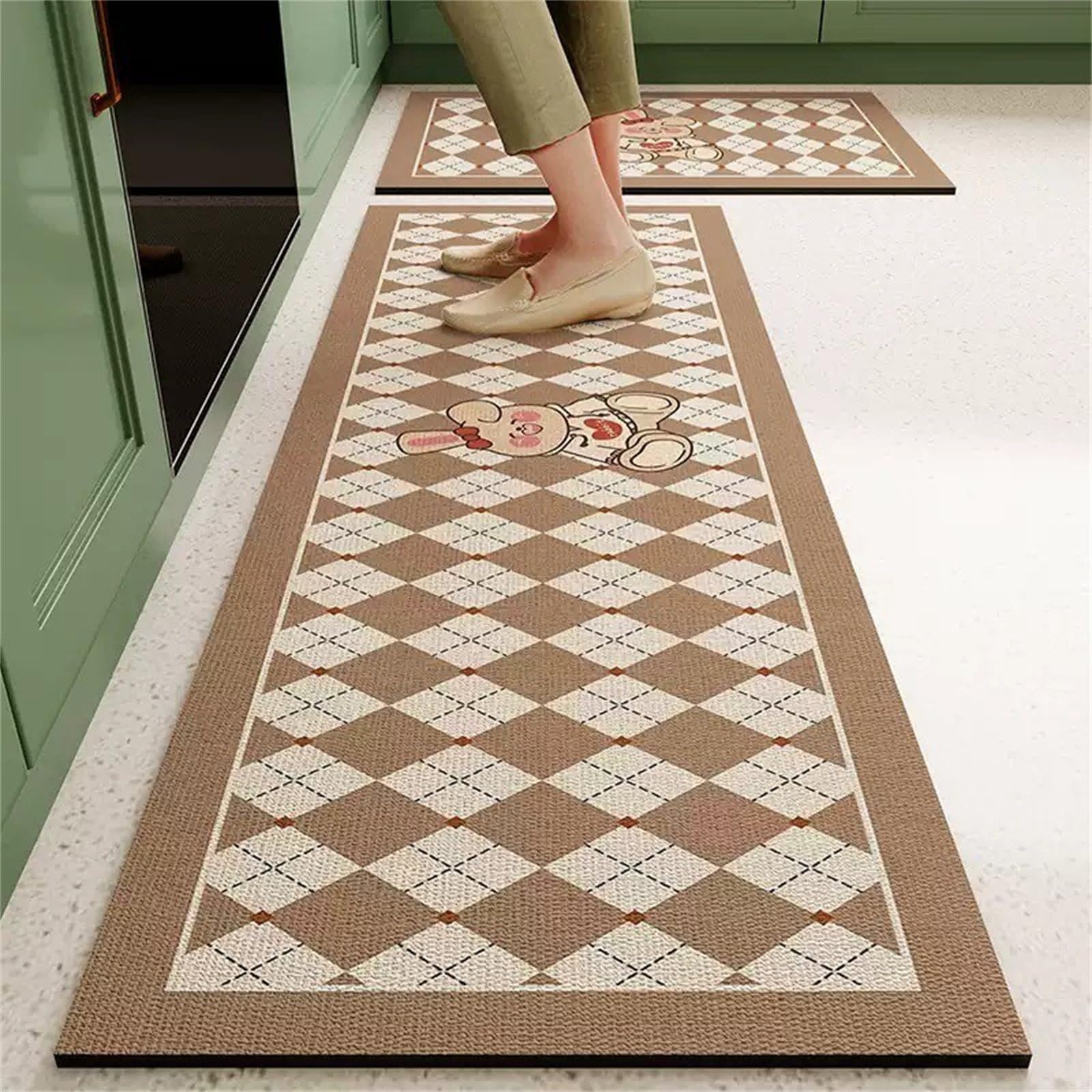 Highdi Kitchen Rug, Modern Checkerboard Kitchen Mat, Door Mat, Kitchen Mats non Slip Washable, Water Absorbent and Quick Drying Kitchen Rugs, for Kitchen, Entryway, Hallways (40x120cm,Camel)