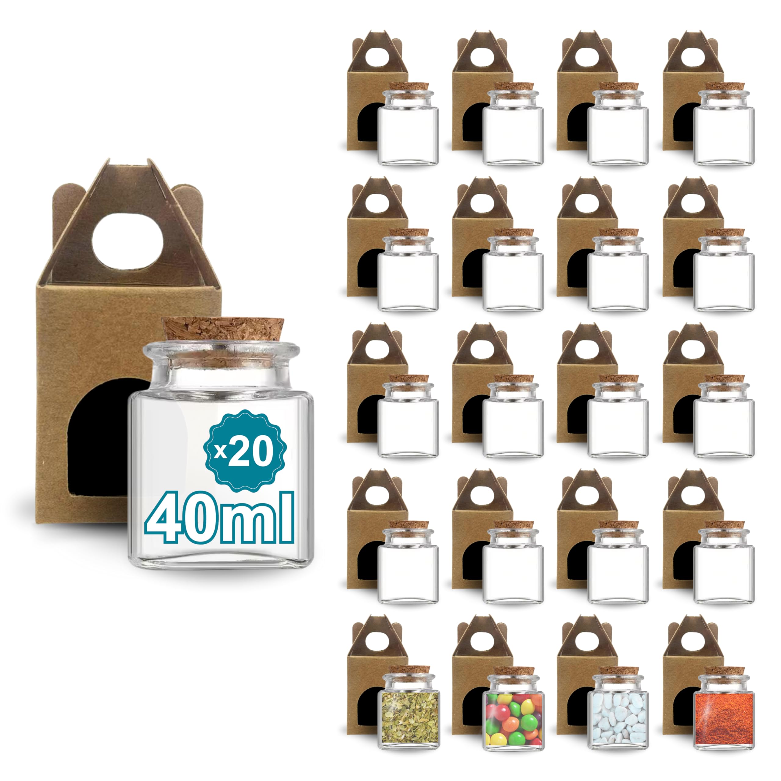 Espirito Rebelde 20 Pots en Verre Carrés pour Épices 40ml avec Bouchon en Liège + 20 Boîtes Kraft | Bocaux Rangement Cuisine | Épices, Confiture, Yaourt