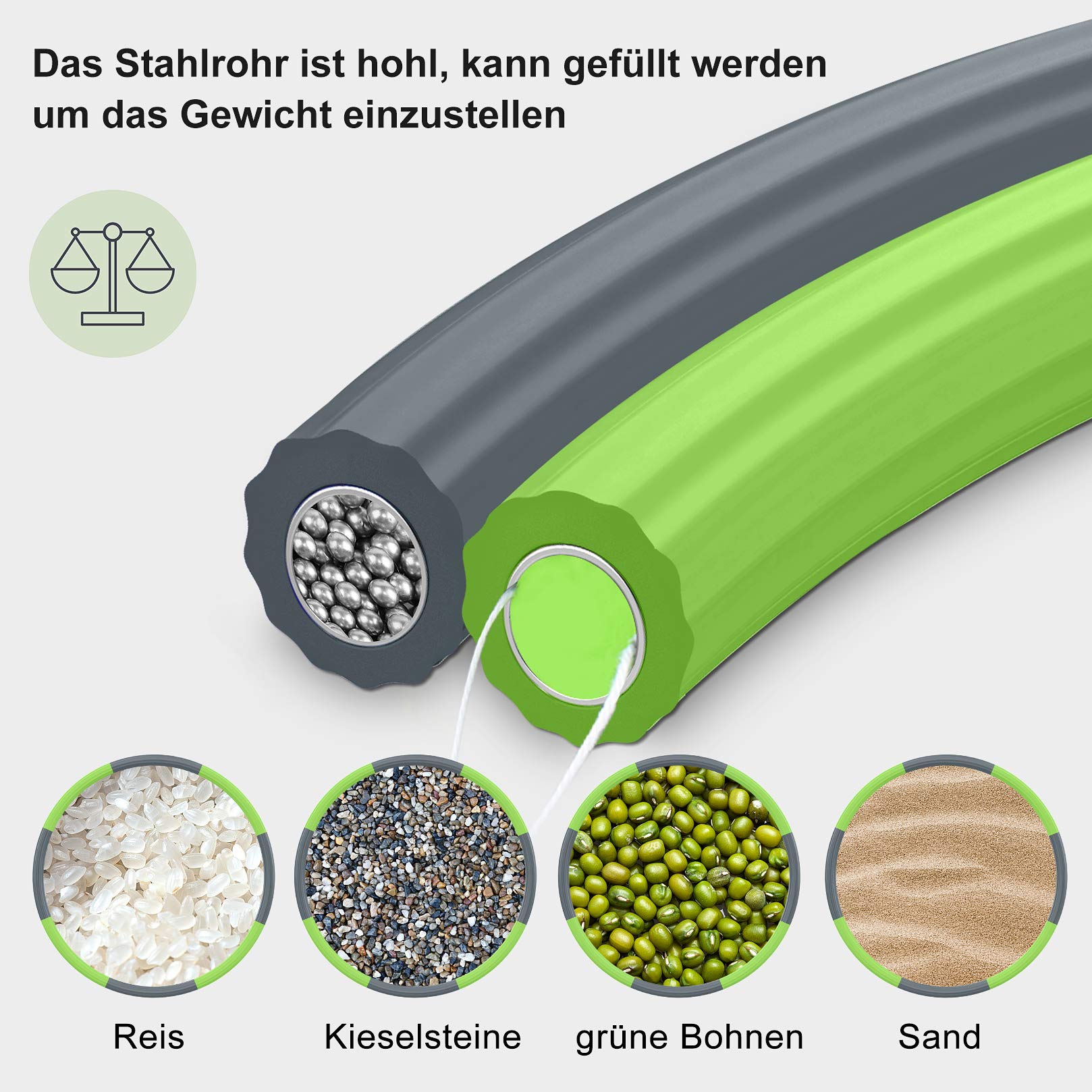 Hula Reifen Hoop Erwachsene, Fitness Hoola Easy Slim Hoop zur Gewichtsreduktion, 8 Abnehmbare Reifenprofile mit Edelstahl-Innenkernrohr,Gewichte einstellbar von 1,2 bis 3,5 kg(Grau+Grün)