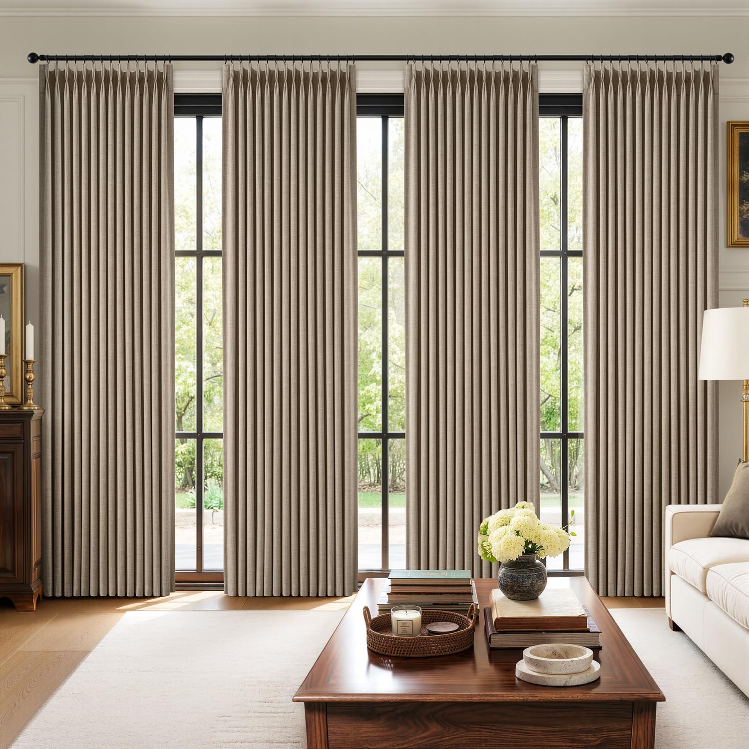 Photo 1 of MIULEE Pinch Pleated 100% Blackout Curtains 102 Inch Long 4 Panel Set for Bedroom Thick Linen Memory Trained pleat Living Room Darkening Back Tab Double Layer Thermal Insulated Drapes, Burlywood Birch