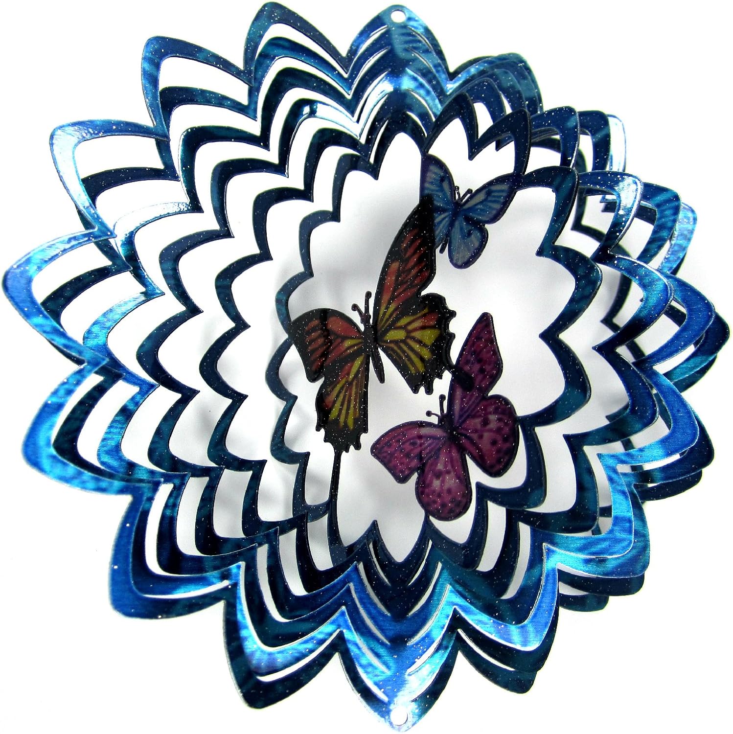 Whirligig 3D Wind Spinner Hand Painted Stainless Steel Twister Butterfly (6.5" Inch, Multi Color Blue Silver)