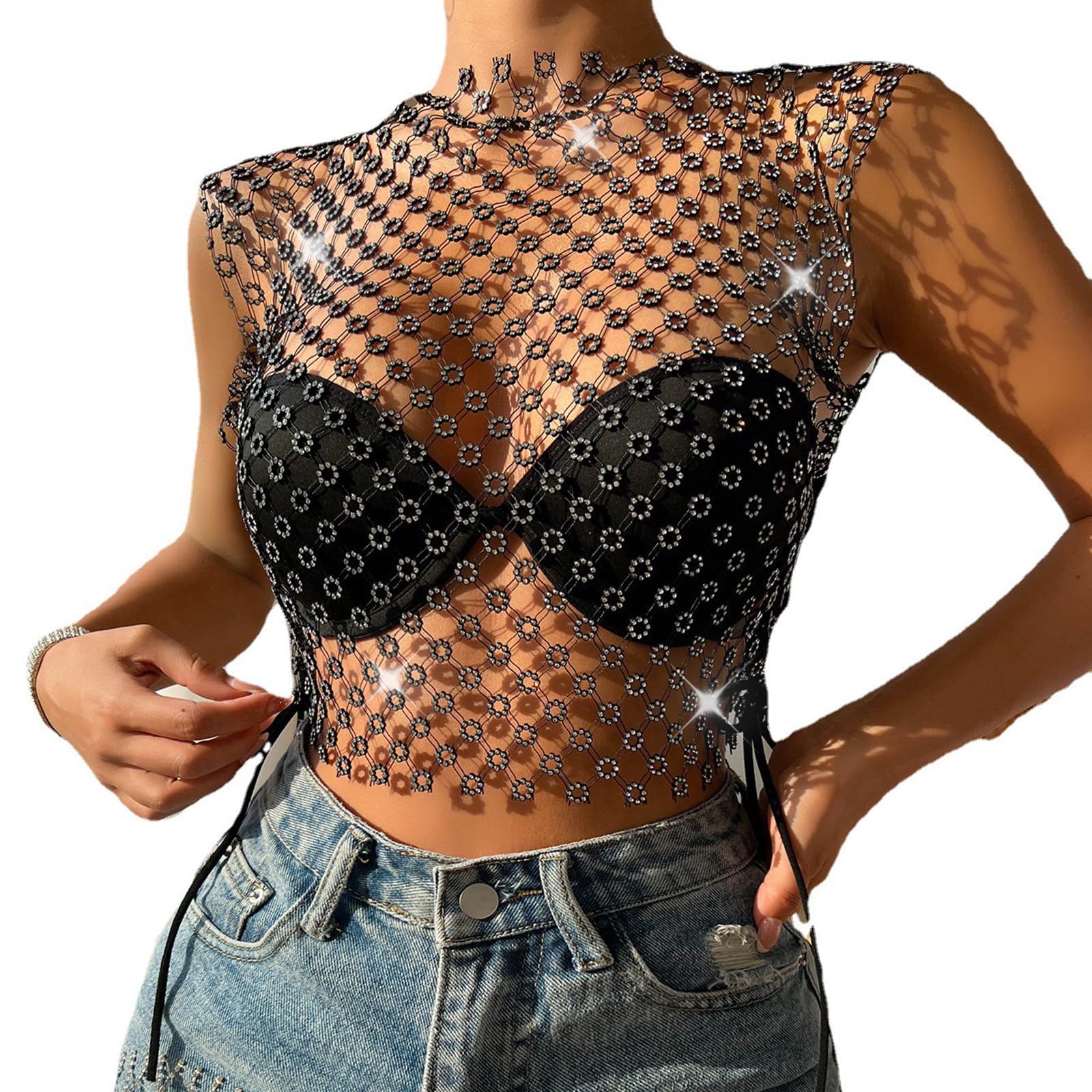 Débardeur court transparent sexy pour femmes Strass voir à travers Hollow Out sans manches Sortir haut en résille